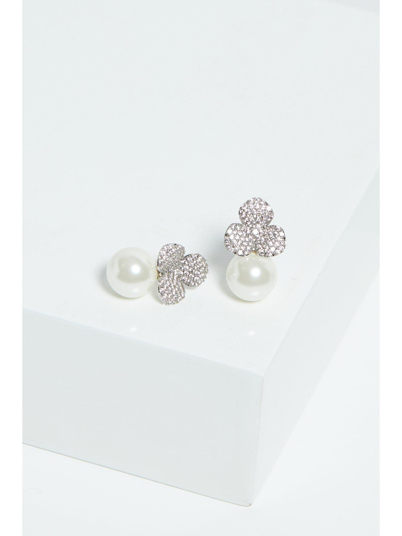 Image 3 of 3 of Jon Richard Rhodium Plated Flower And Pearl Earrings