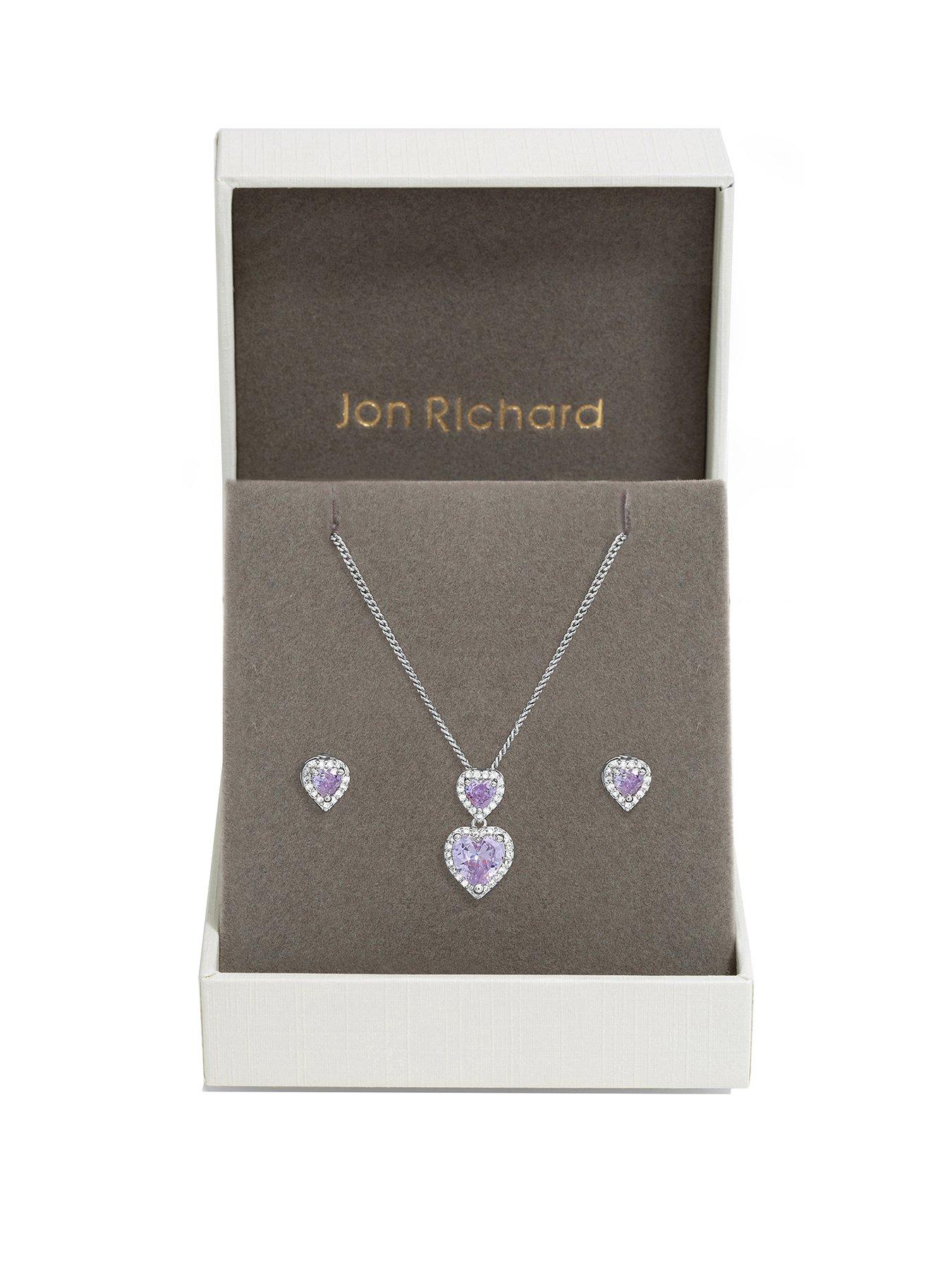 Image 1 of 4 of Jon Richard Rhodium Plated Cubic Zirconia Lavender Halo Ddouble Heart Set - Gift Boxed