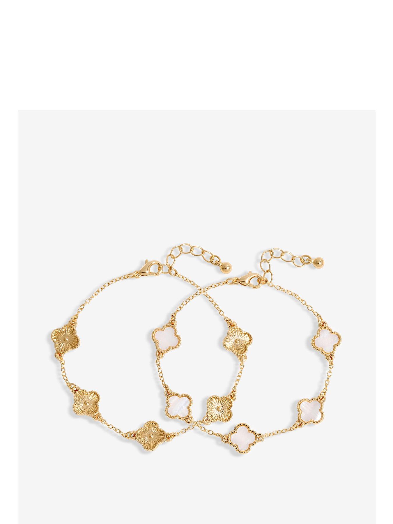 undefined Gold Mother Of Pearl Clover Station Bracelets - Pack Of 2