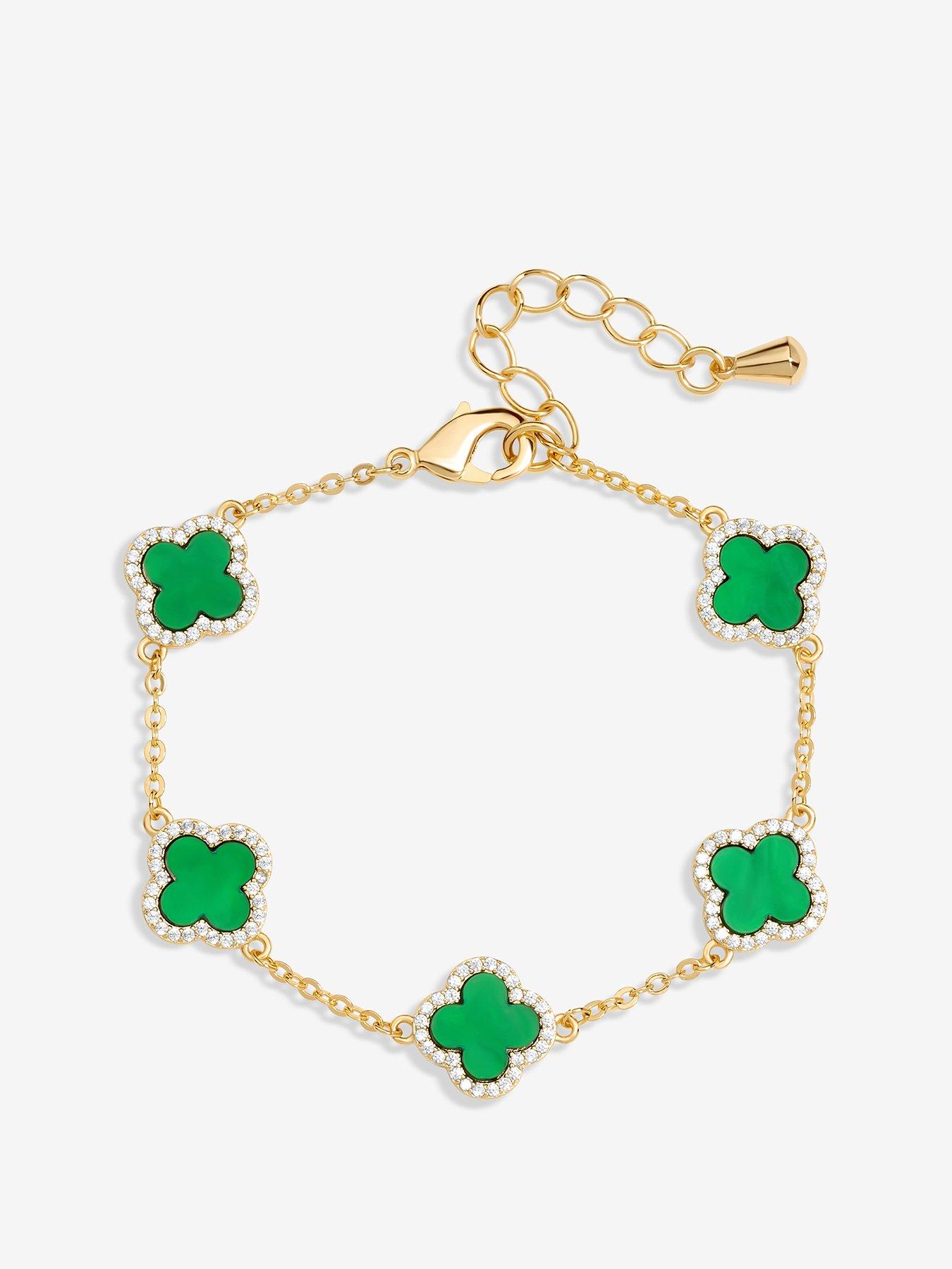undefined Gold Plated Cubic Zirconia Malachite Clover Bracelet