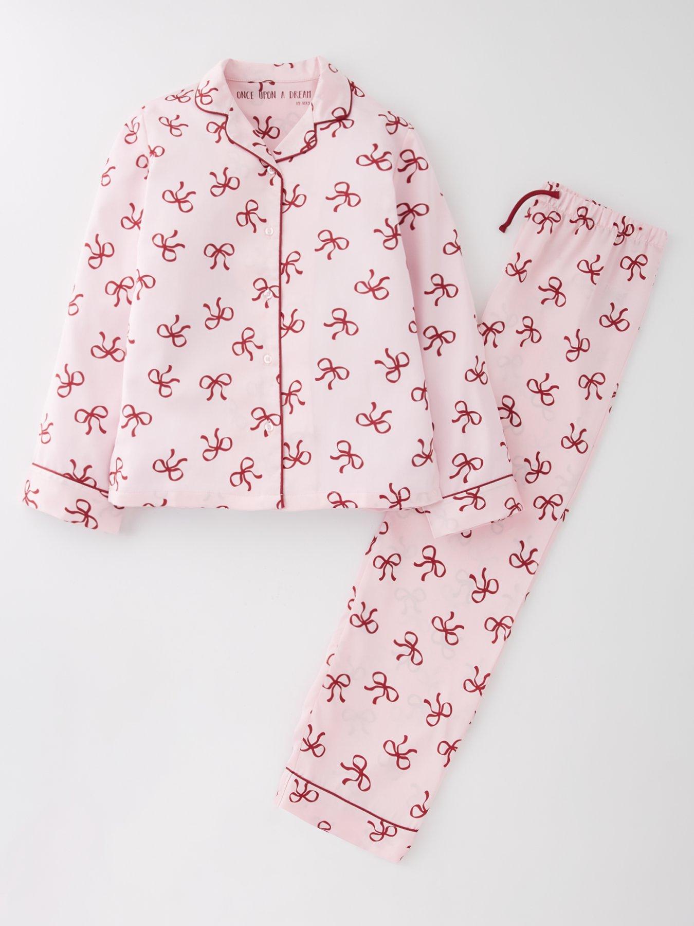 undefined Girls Bow Satin Pyjama Set - Print