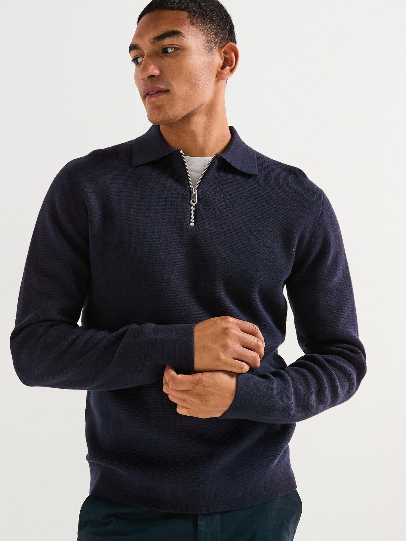 JONES ネイビー セーター Mサイズ USロゴ Jack & Jones Milano Stretch Quarter Zip Knitted Polo Shirt - Navy