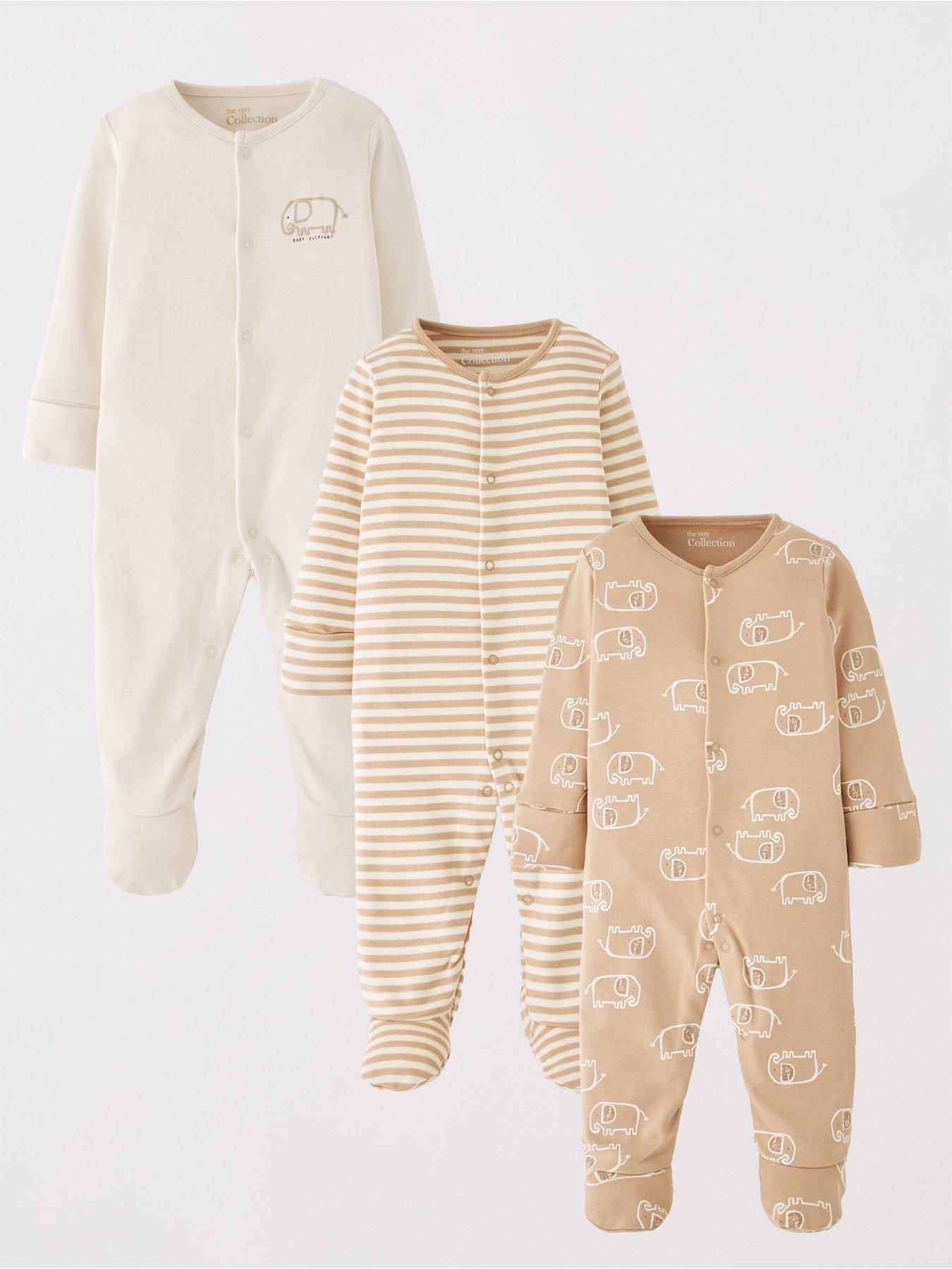 Image 1 of 5 of The Very Collection Unisex 3Pk Elephant Sleepsuits - Beige