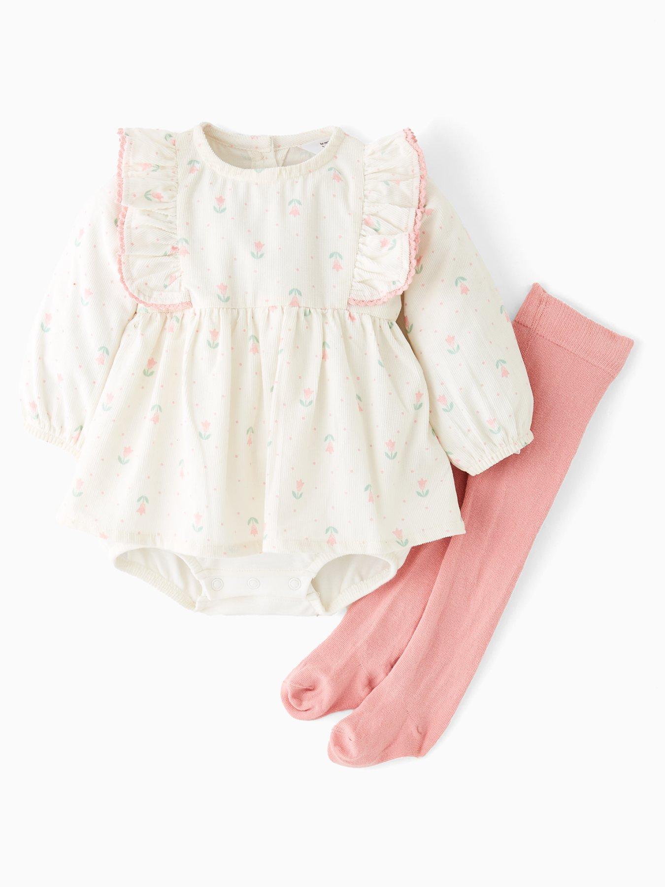 The Very Collection Baby Girls Floral Bloomer With Pink Tights - Cream