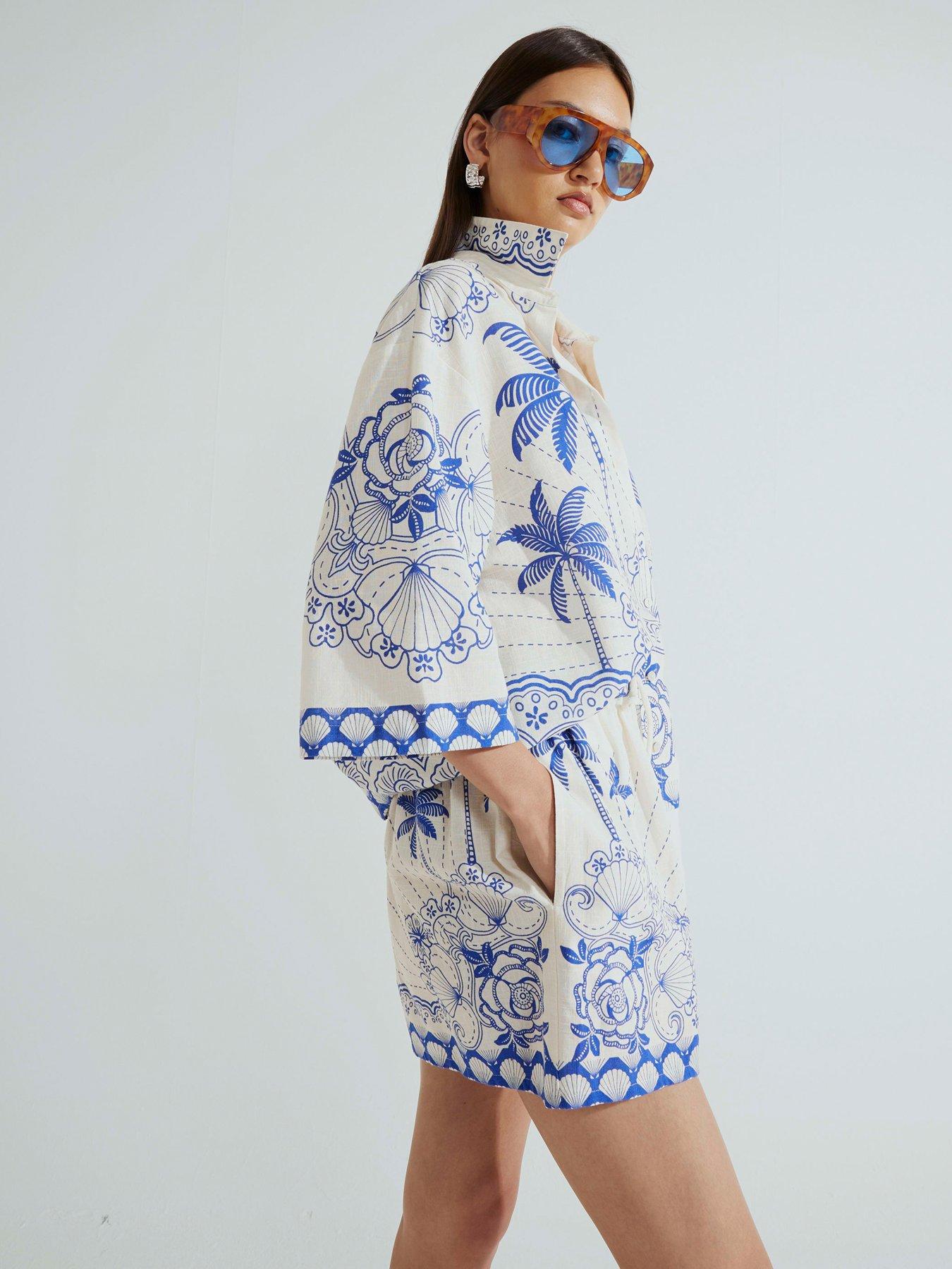 undefined Shell Printed Tie Waist Shorts - Blue