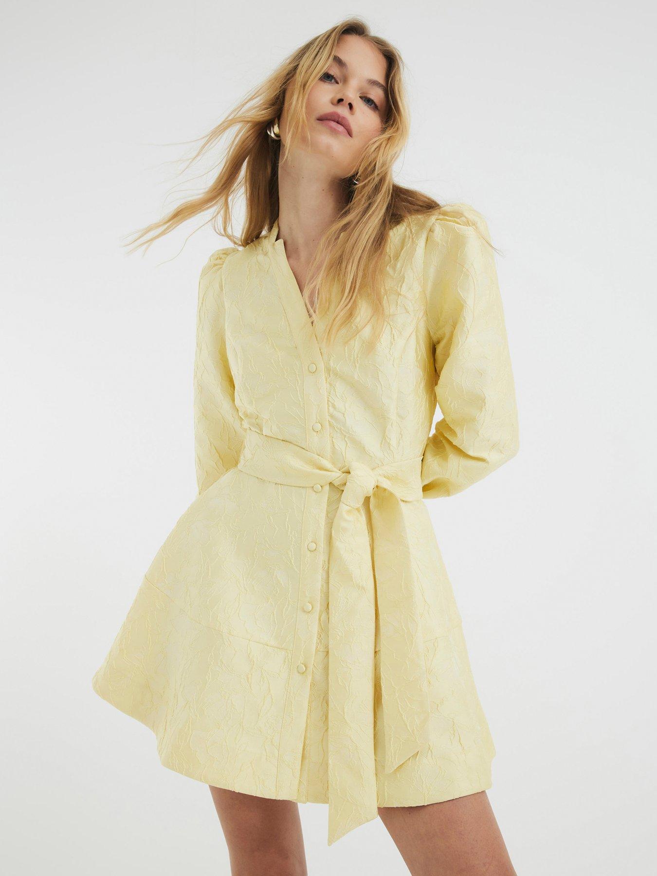 undefined Belted Jacquard Mini Dress - Yellow