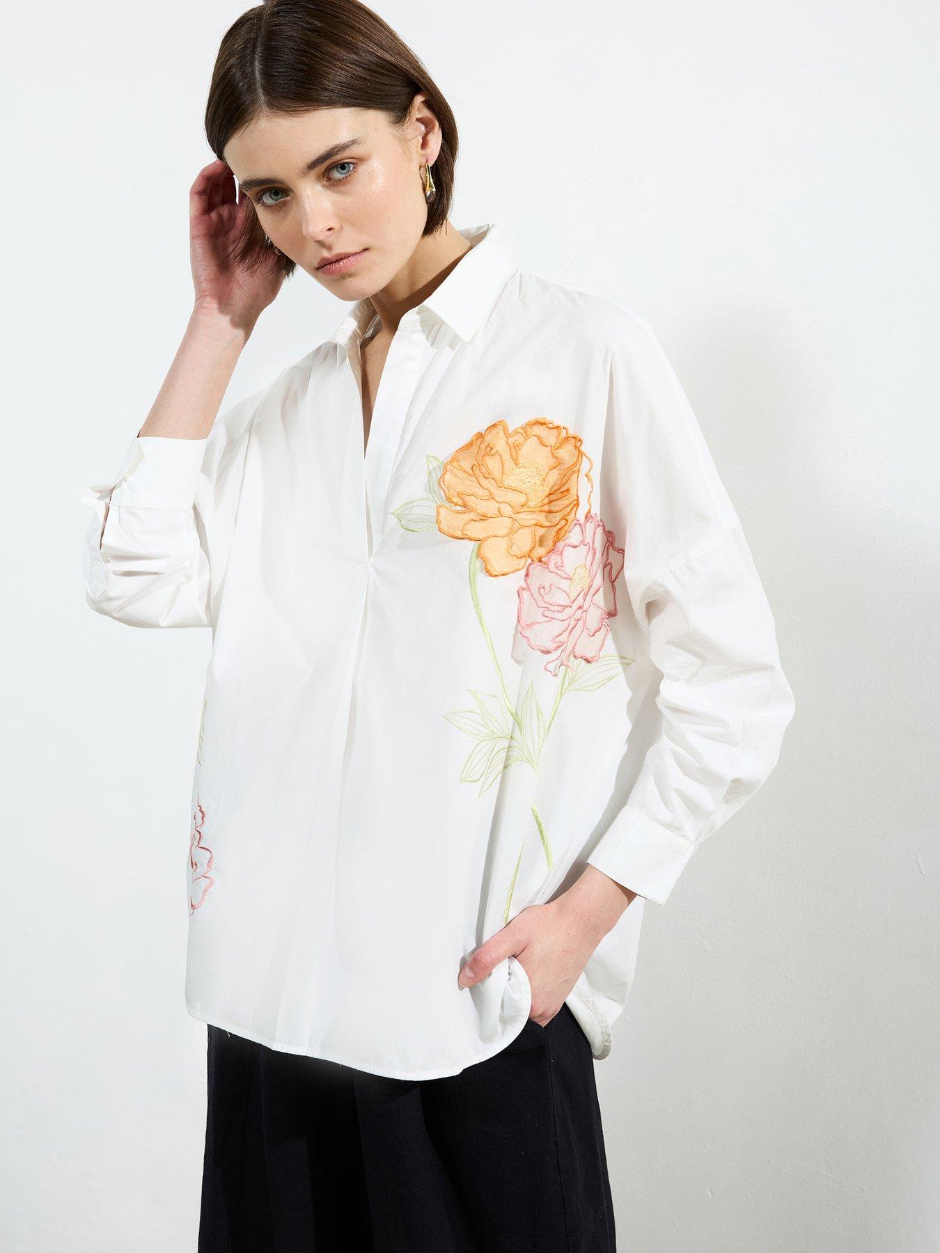 undefined Cotton Floral Embroidered Design Long Sleeve Pullover Open Collar Shirt - White
