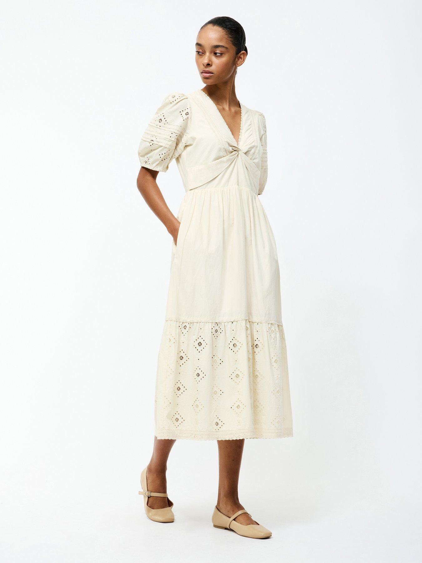 undefined Cotton Puff Sleeve V-neck Embroidered Midi Dress - Yellow