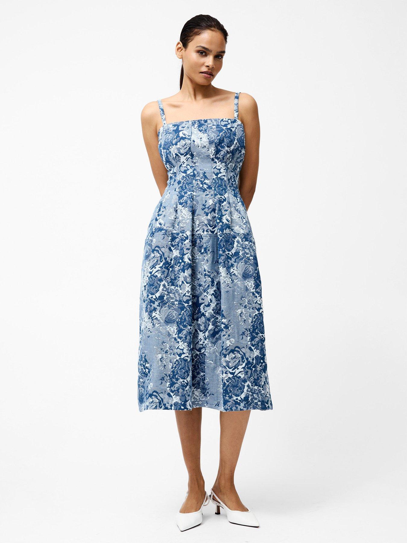 undefined Cotton Blend Sleeveless Jacquard Floral Print Denim Midi Dress