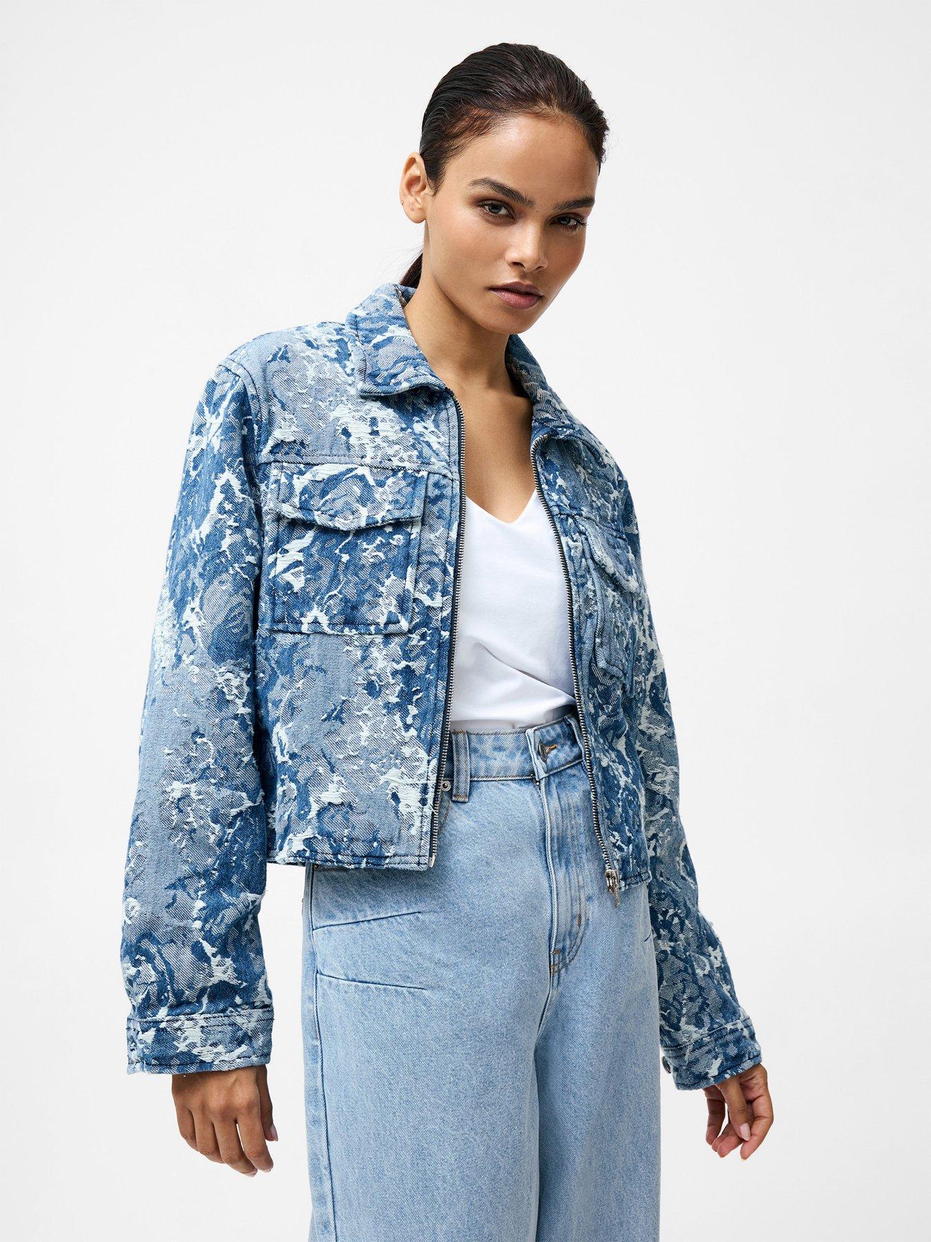 Image of French Connection Cotton Blend Jacquard Floral Print Denim Jacket