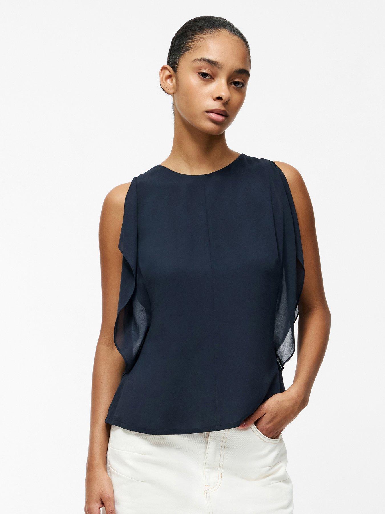 undefined Flutter Short Sleeve Round Neck Blouse - Navy