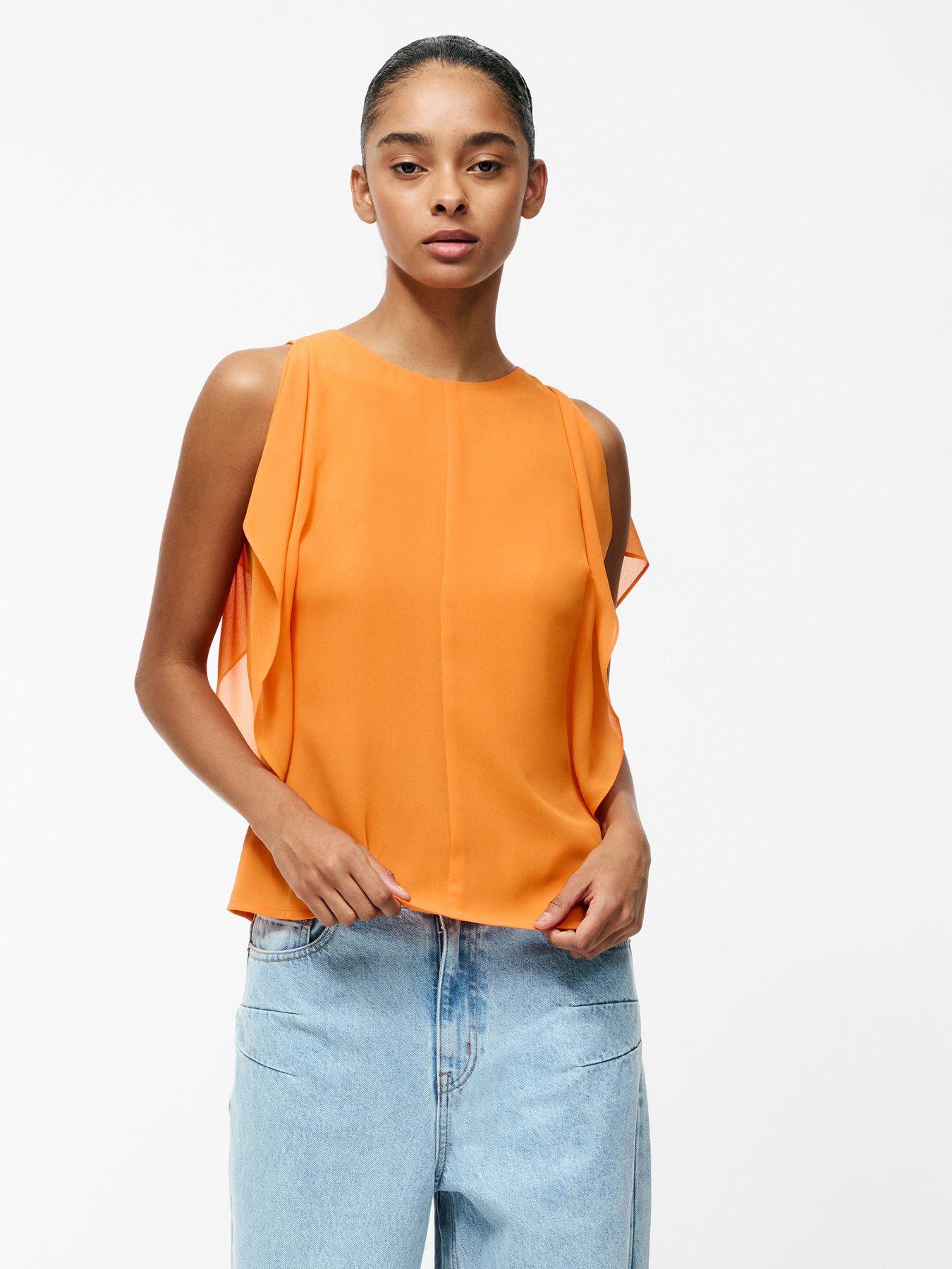 undefined Flutter Sleeve Round Neck Blouse - Orange