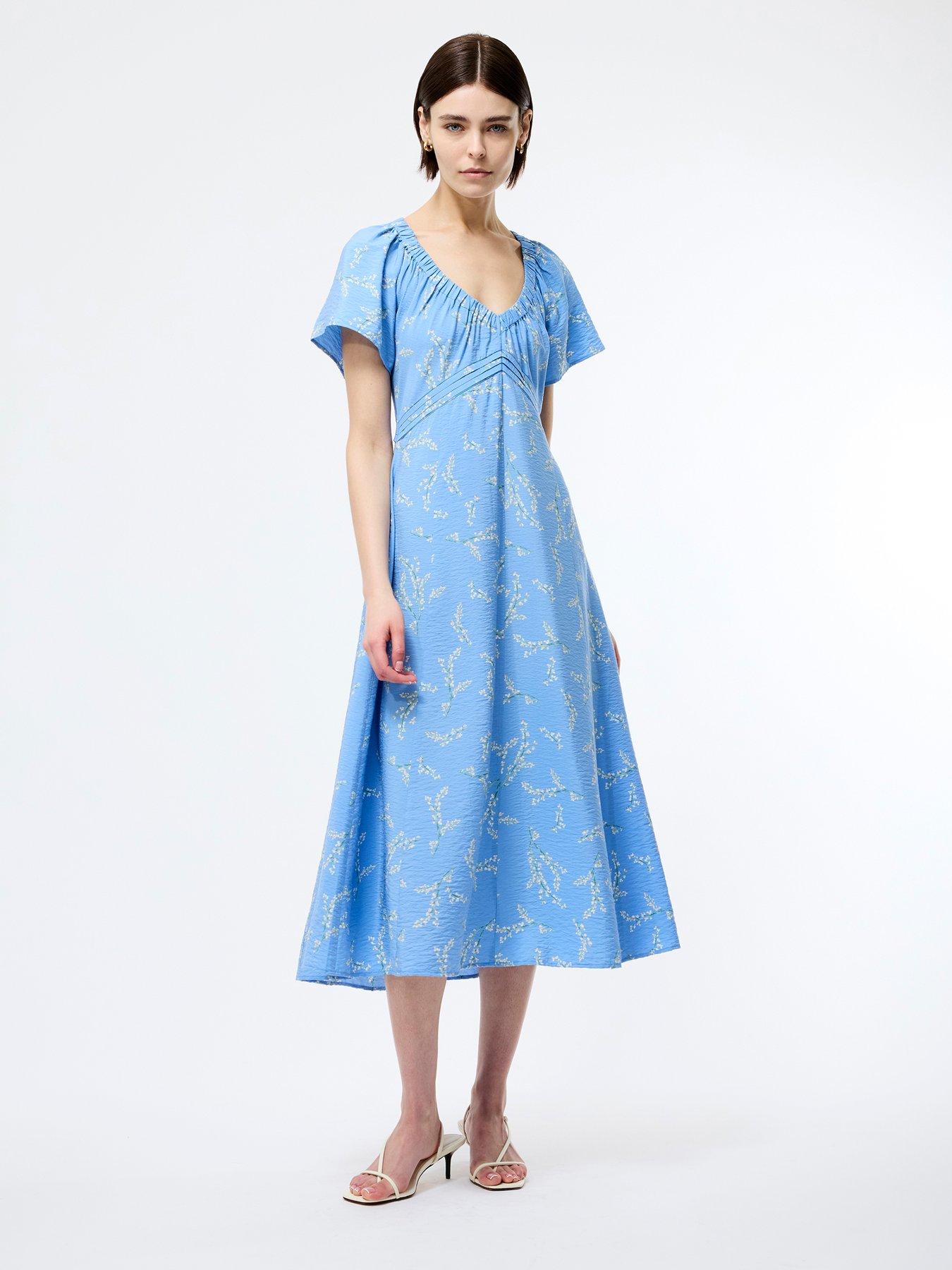 undefined Floral Print Ruched V-neck Drape A-line Midi Dress