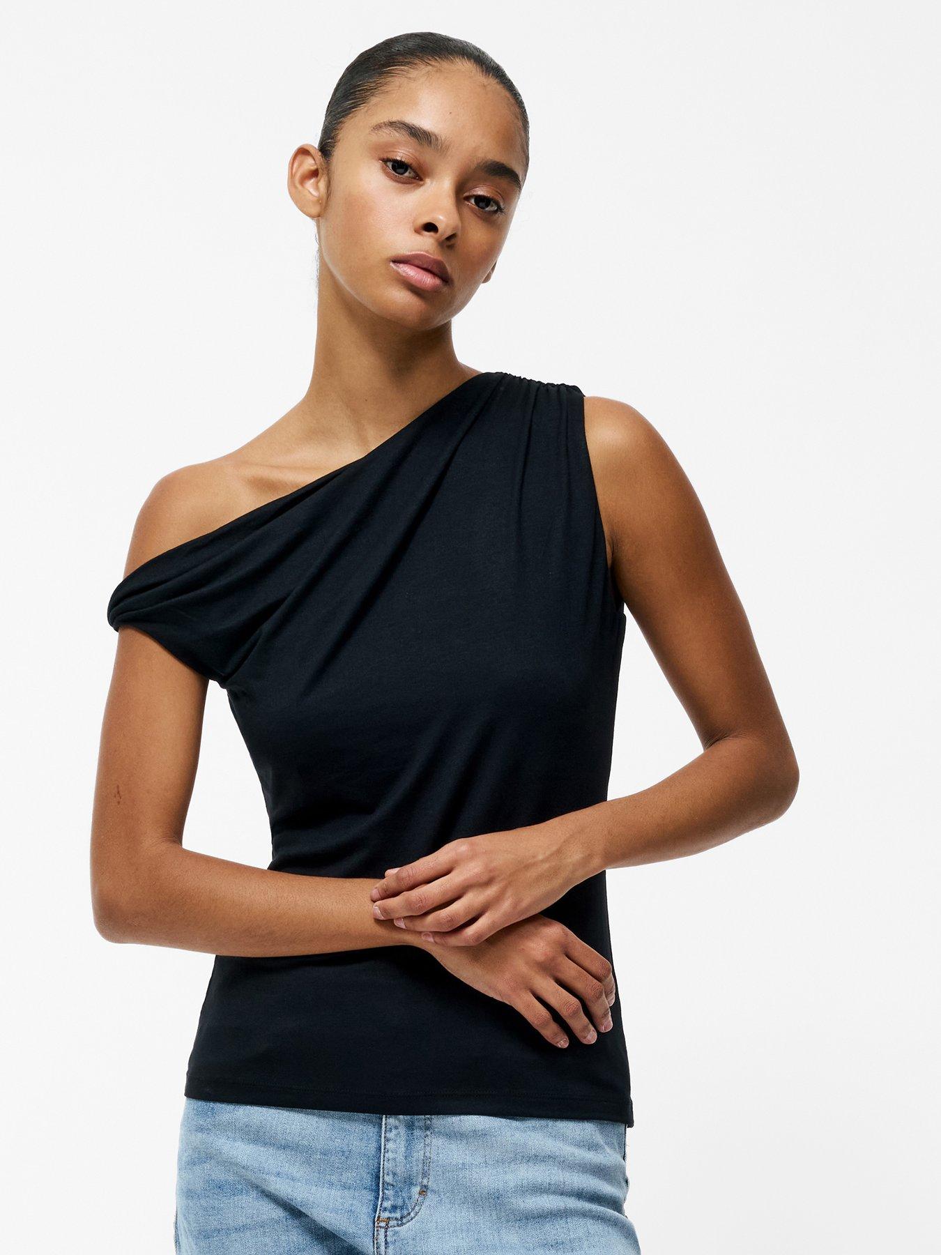 undefined One Shoulder Twist Asymmetric Jersey Top - Black