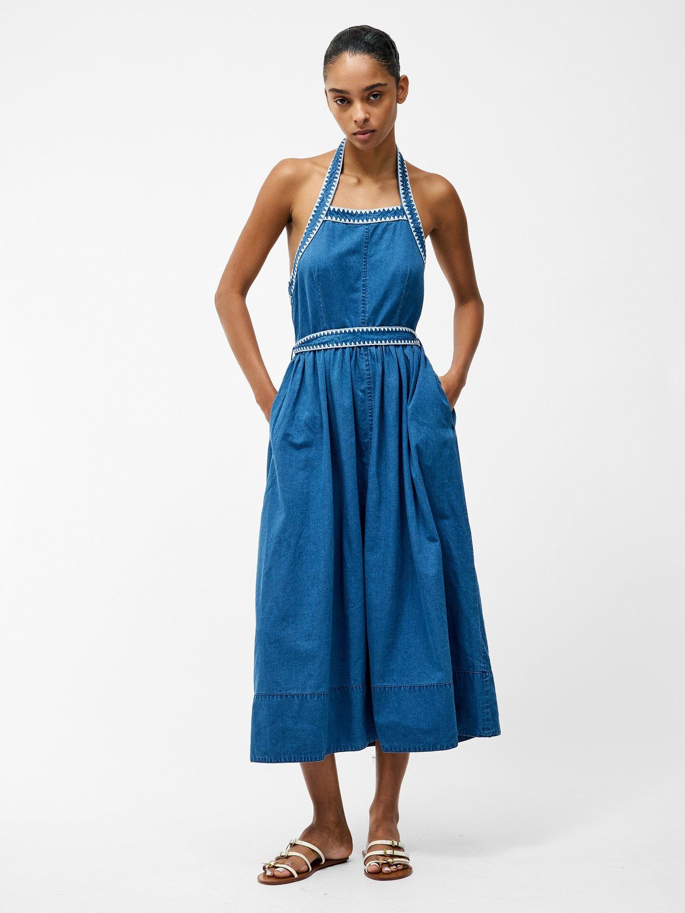 undefined Cotton Chambray Tie Waist Halter Neck Midi Dress - Blue