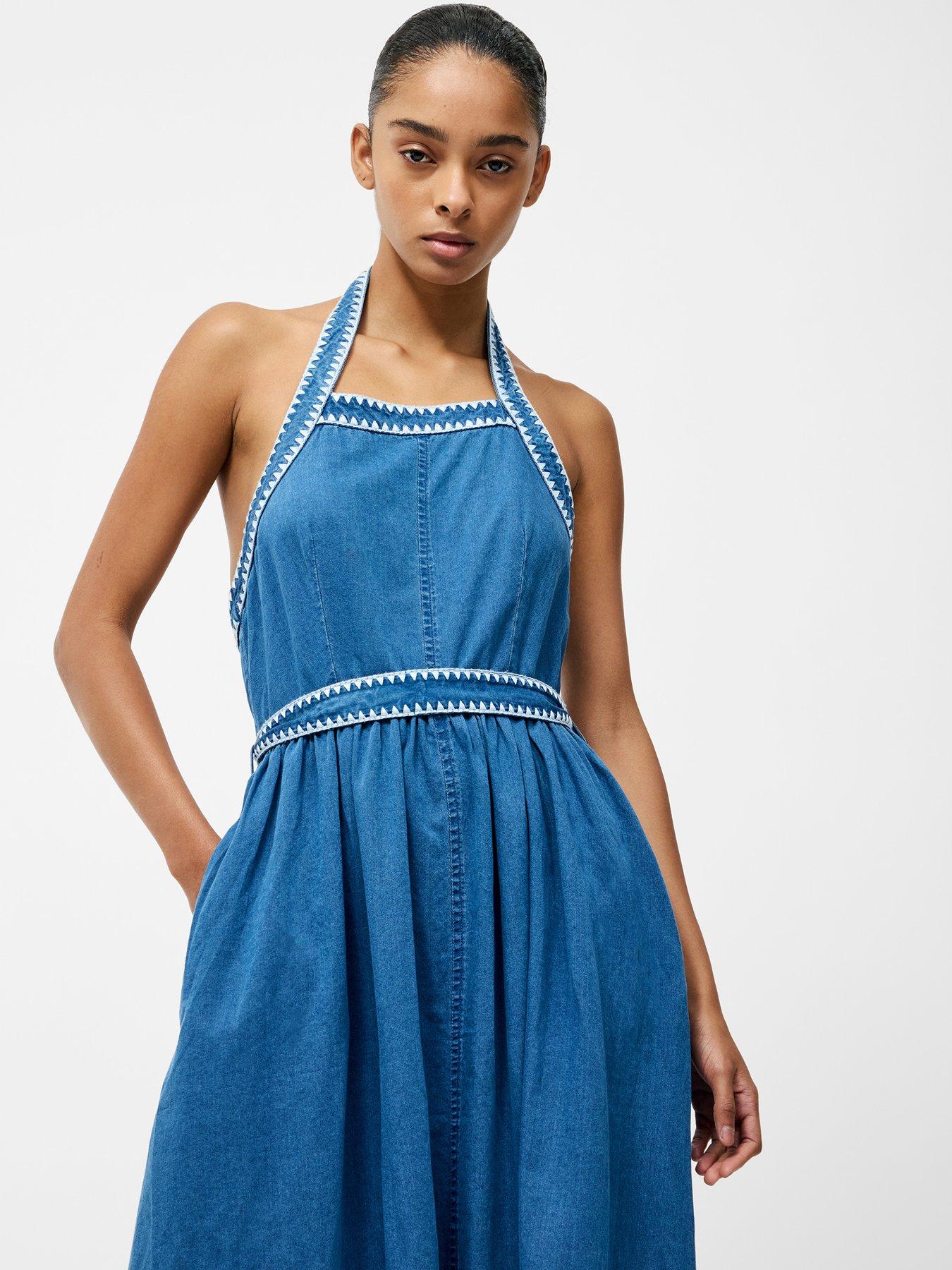French Connection Cotton Chambray Tie Waist Halter Neck Midi Dress - Blue |  Very