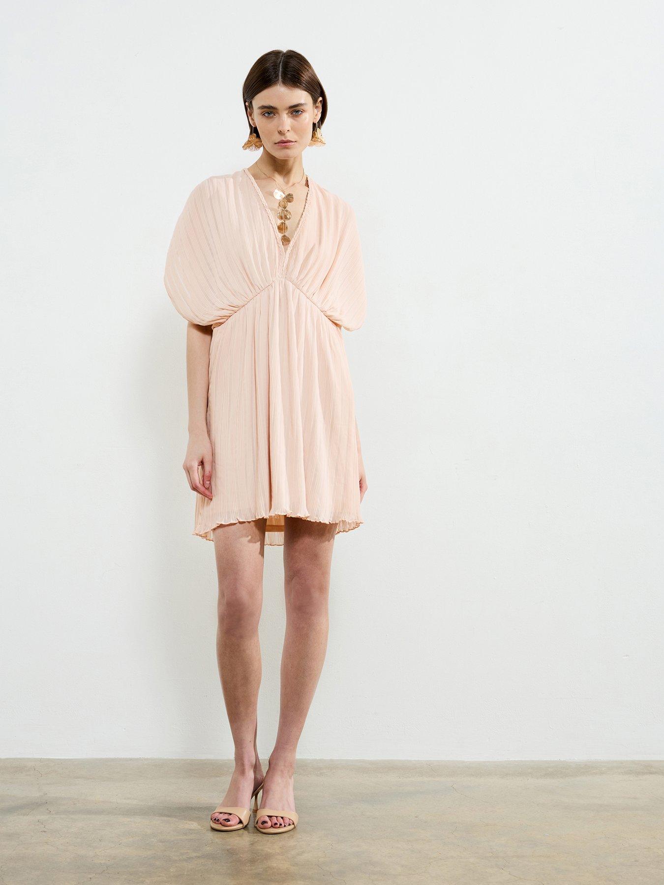 French Connection Plisse V-neck Ruched Short Sleeve Mini Dress - Pink | Very