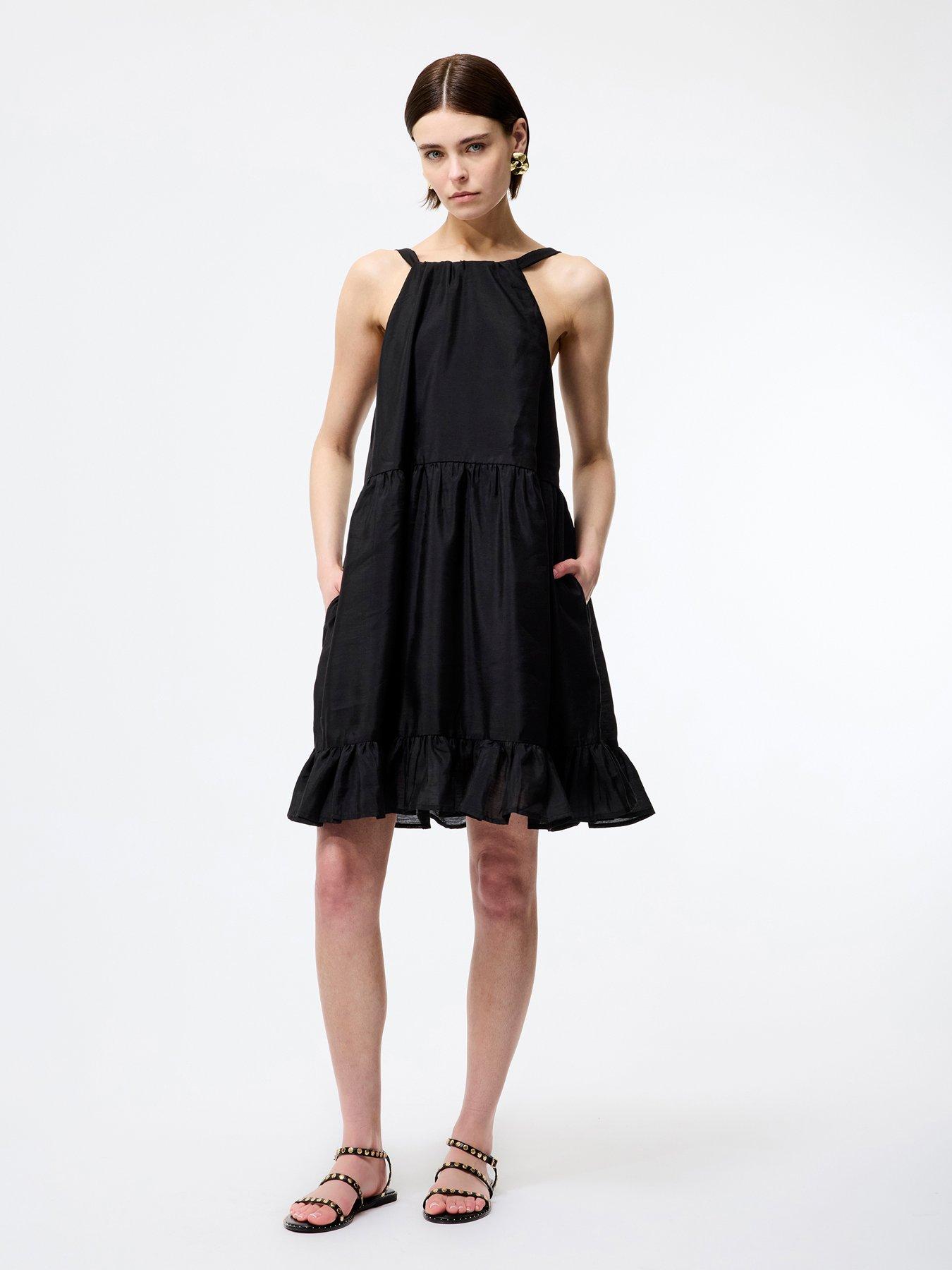 undefined Halter Neck Tiered Ruffle Tie Mini Dress - Black
