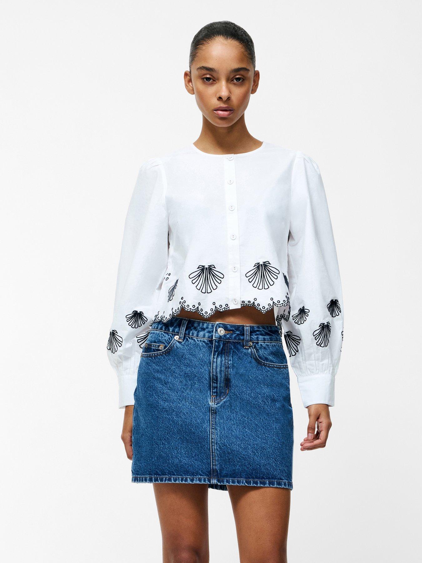 undefined Cotton Embroidered Long Sleeve Grandad Collar Scalloped Hem Cropped Shirt