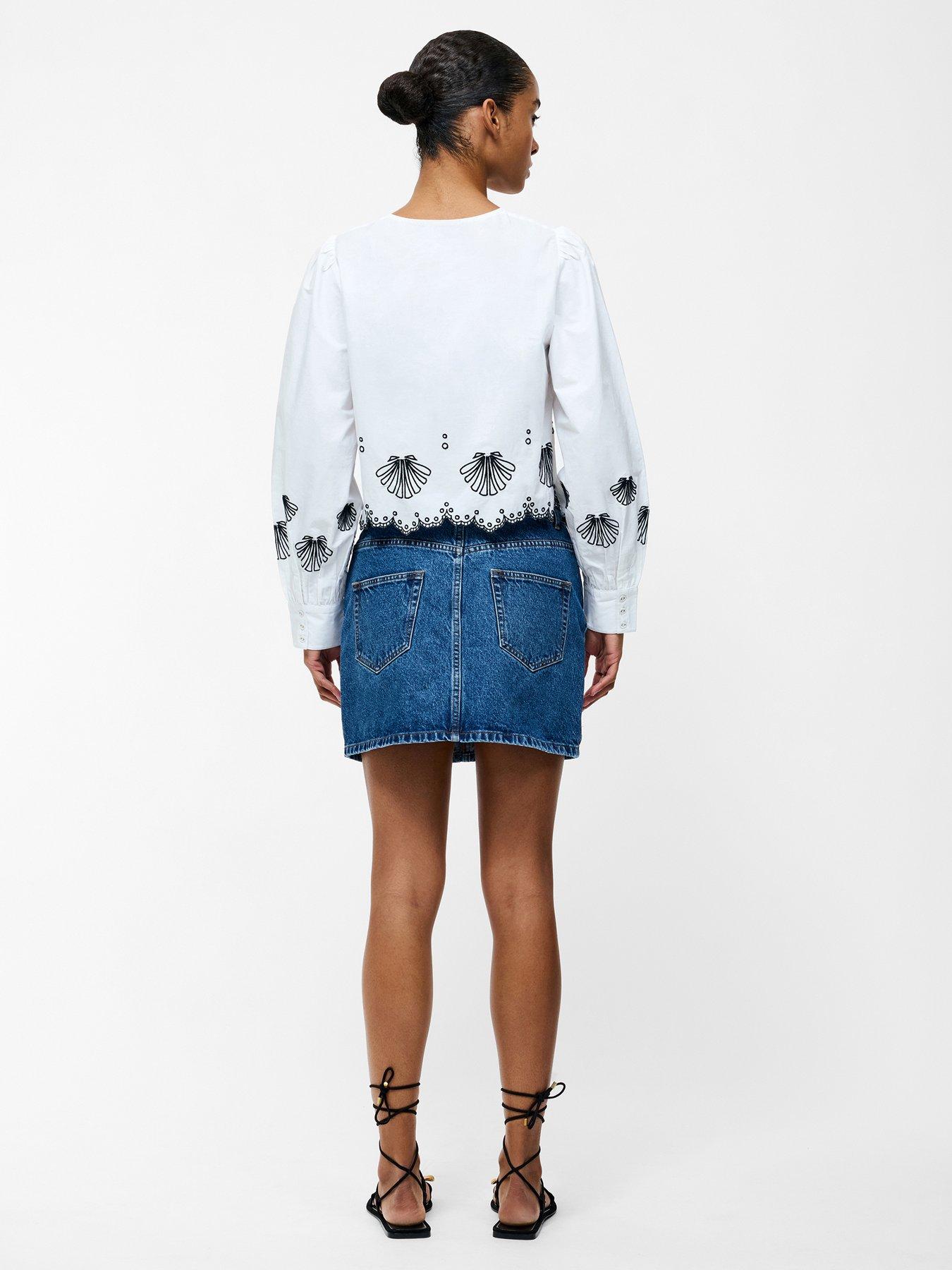 Image 2 of 6 of French Connection Cotton Embroidered Long Sleeve Grandad Collar Scalloped Hem Cropped Shirt - Multi