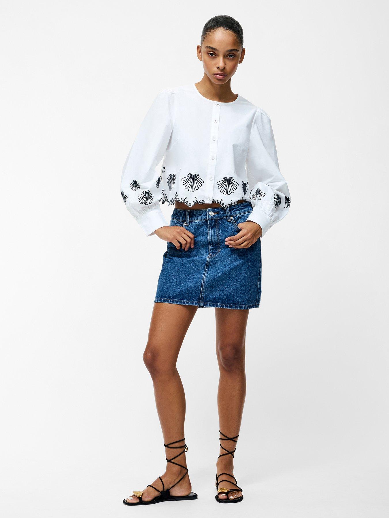 Image 3 of 6 of French Connection Cotton Embroidered Long Sleeve Grandad Collar Scalloped Hem Cropped Shirt - Multi