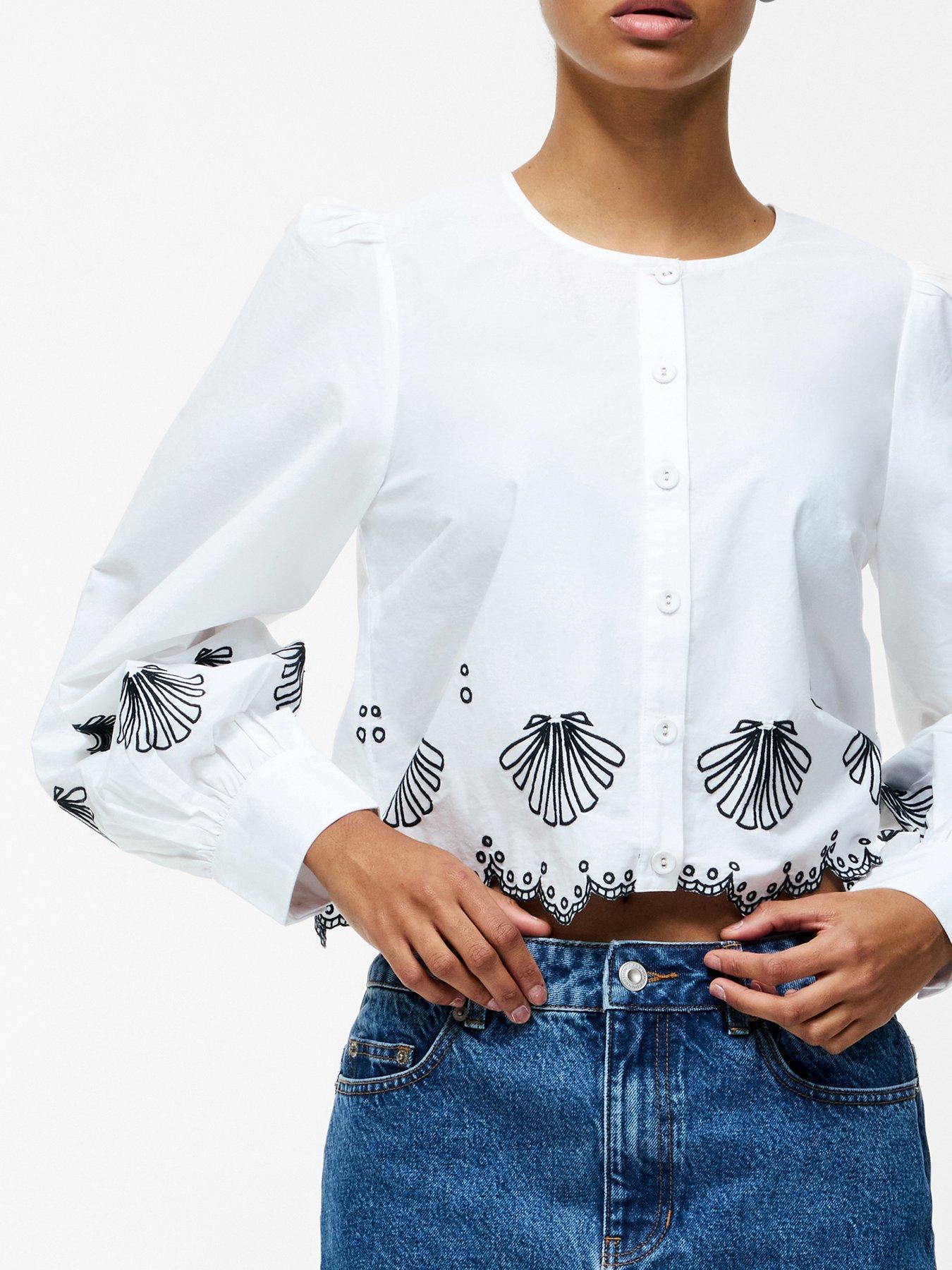 Image 4 of 6 of French Connection Cotton Embroidered Long Sleeve Grandad Collar Scalloped Hem Cropped Shirt - Multi