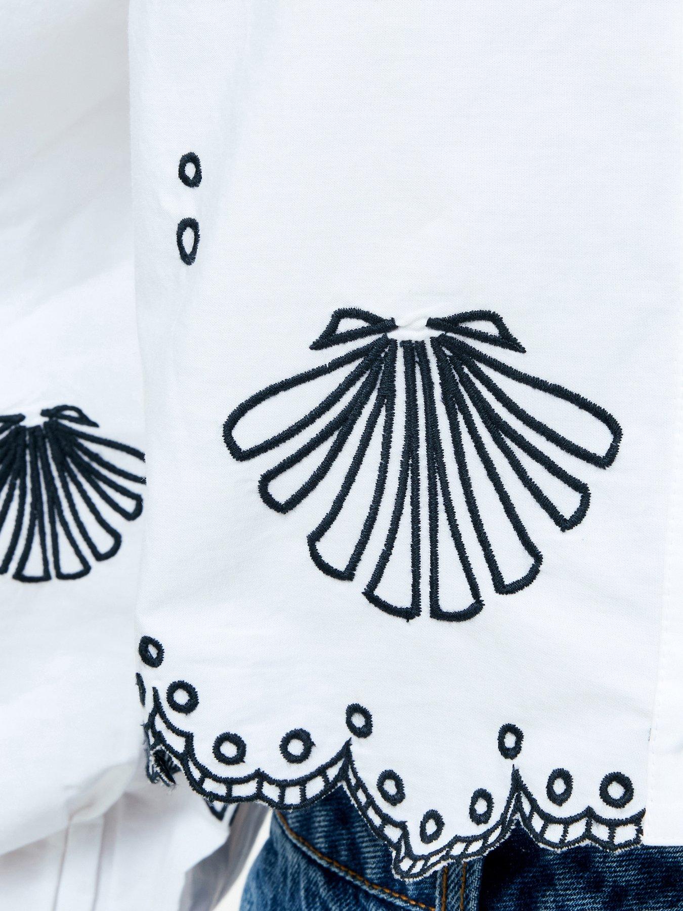 Image 5 of 6 of French Connection Cotton Embroidered Long Sleeve Grandad Collar Scalloped Hem Cropped Shirt - Multi