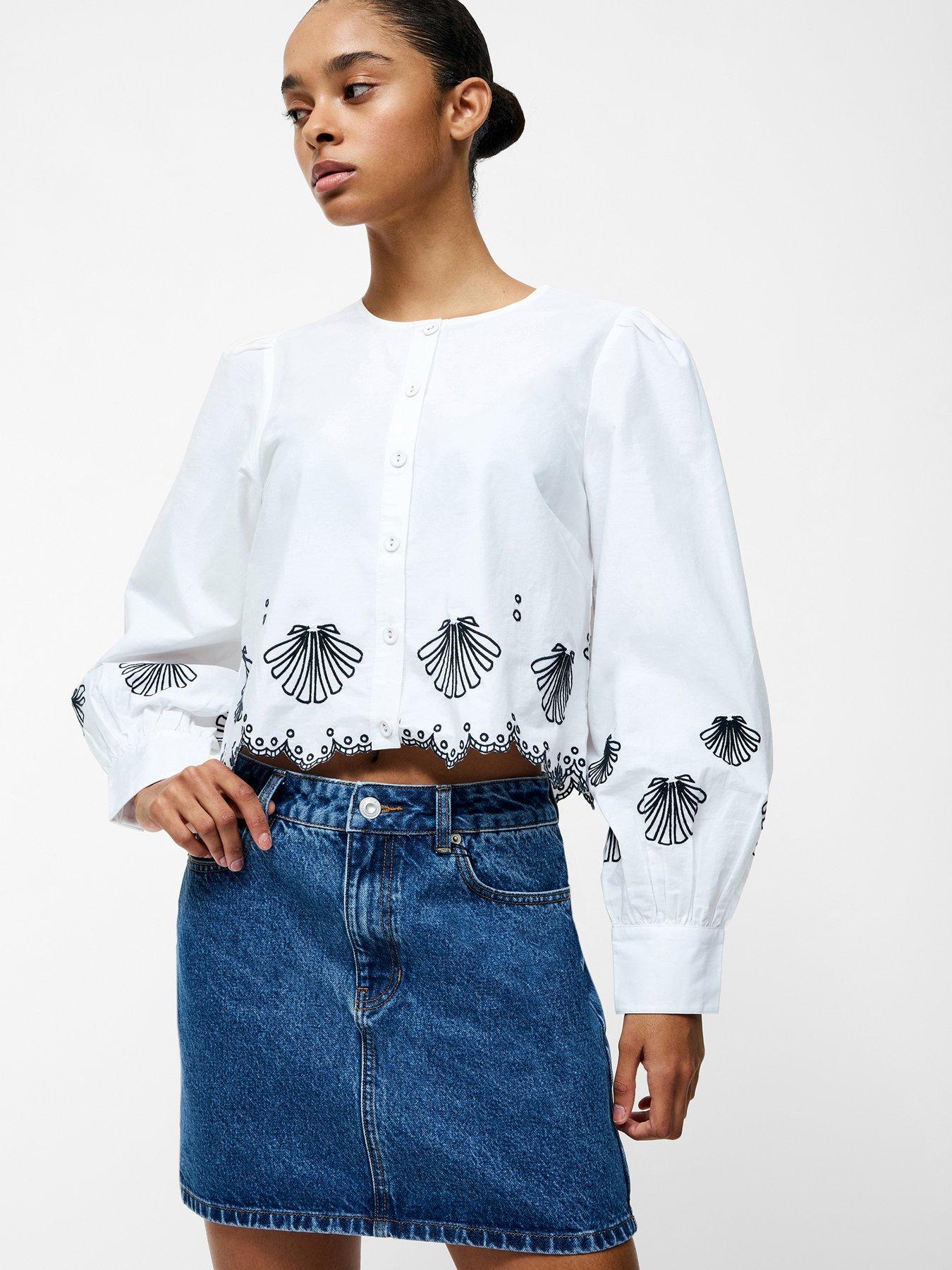 Image 6 of 6 of French Connection Cotton Embroidered Long Sleeve Grandad Collar Scalloped Hem Cropped Shirt - Multi