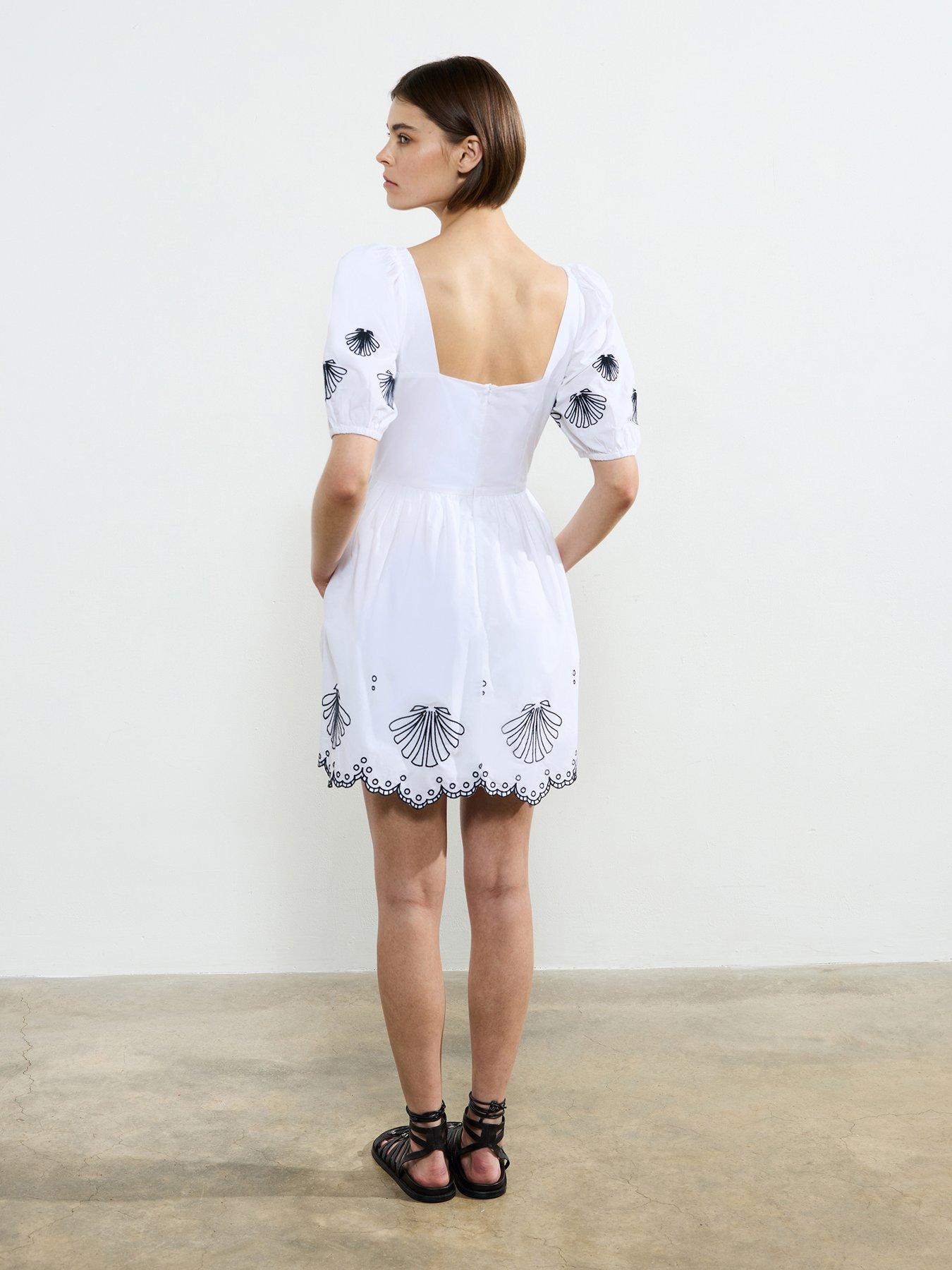 Image 2 of 6 of French Connection Cotton Embroidered Bow Neck Puff Sleeve Babydoll Dress