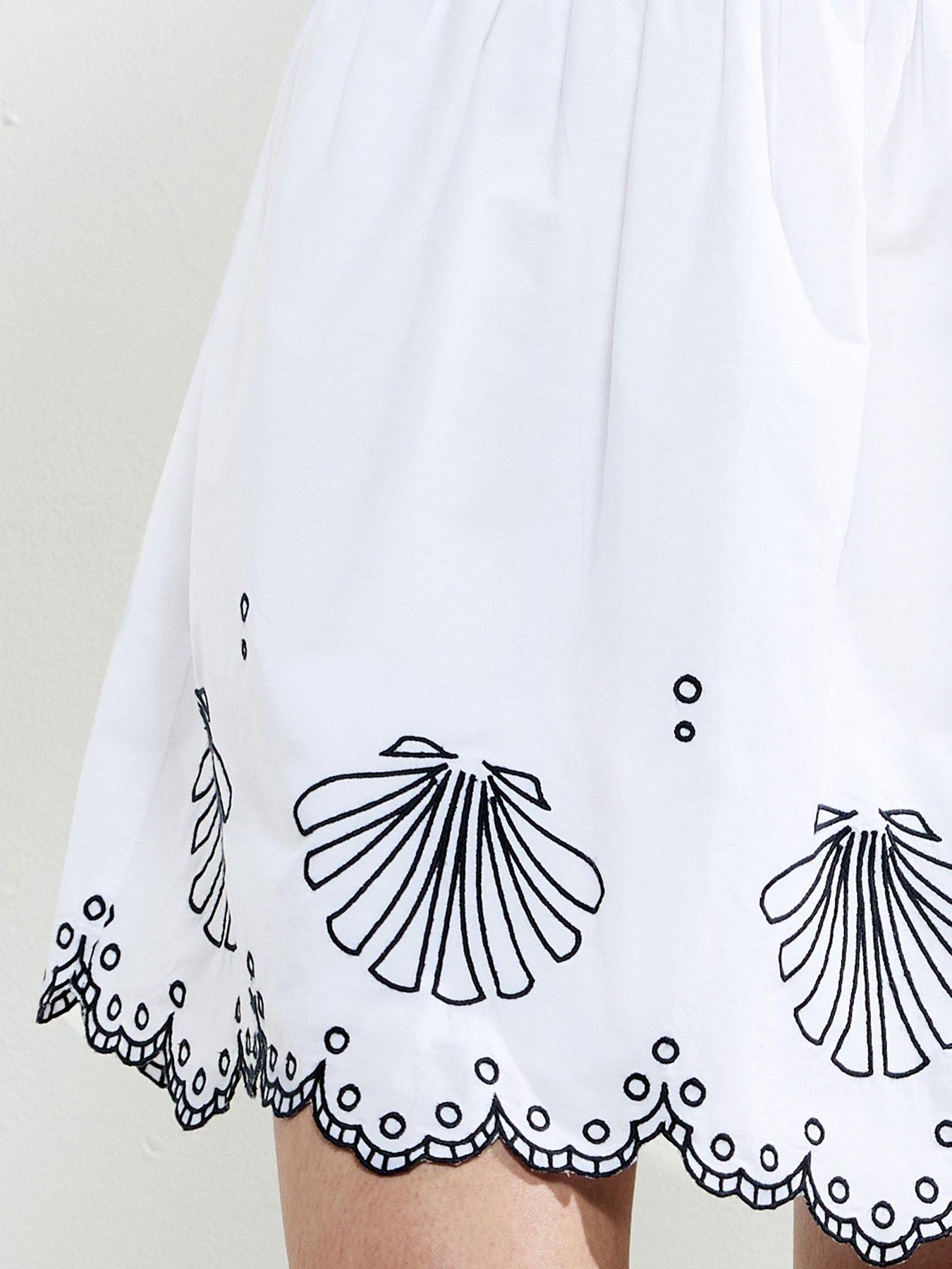 Image 4 of 6 of French Connection Cotton Embroidered Bow Neck Puff Sleeve Babydoll Dress