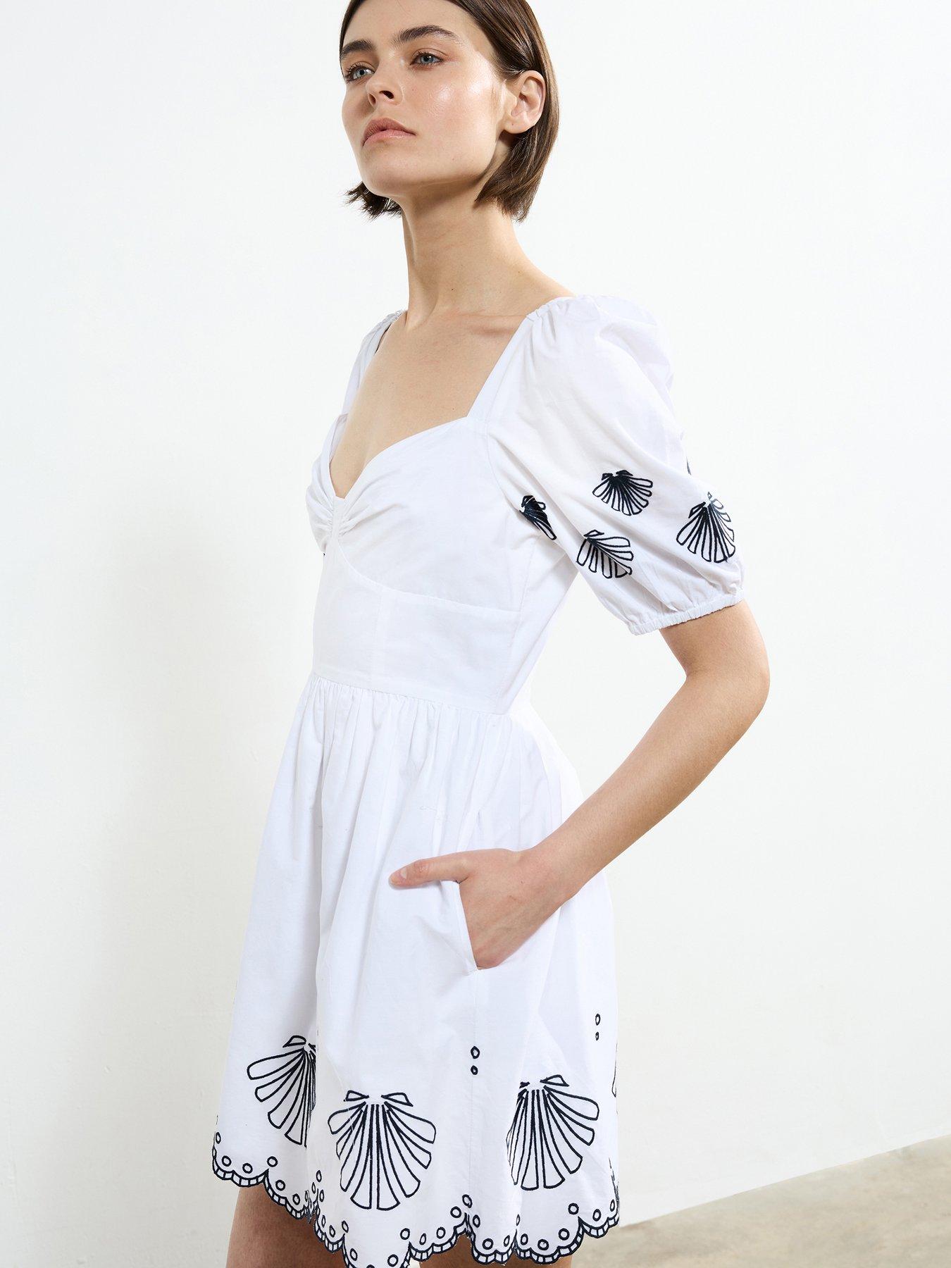 Image 5 of 6 of French Connection Cotton Embroidered Bow Neck Puff Sleeve Babydoll Dress