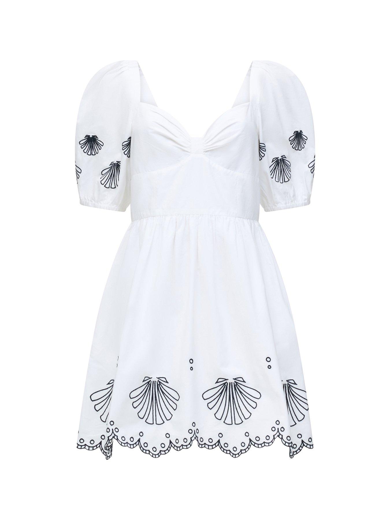 Image 6 of 6 of French Connection Cotton Embroidered Bow Neck Puff Sleeve Babydoll Dress
