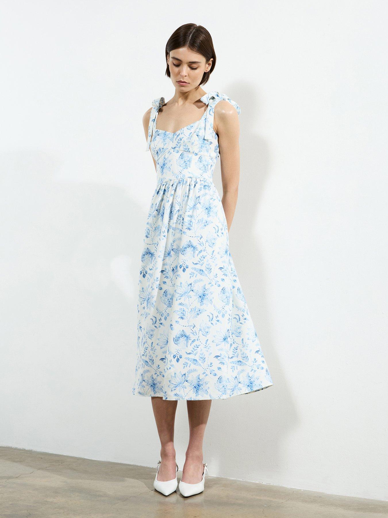 Image 1 of 6 of French Connection Floral Print Crepe Bow-tie Sleeveless A-line Midi Dress
