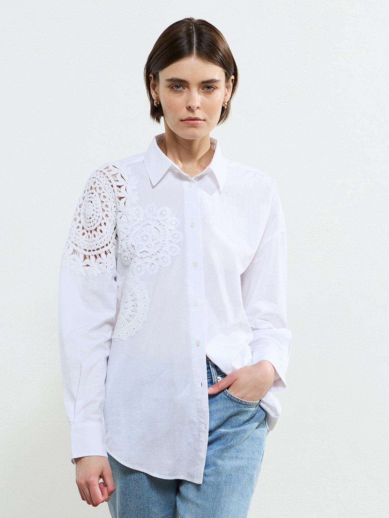 undefined Cotton Crotchet Embroidered Long Sleeve Button Up Shirt - White