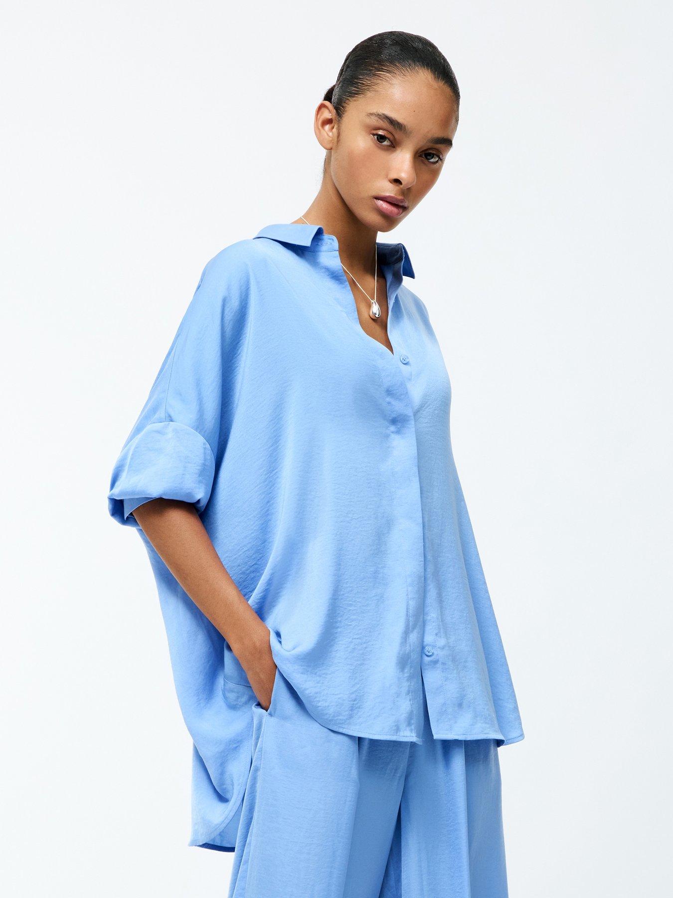 French Connection Floaty Dropped Long Sleeve Relaxed-Fit Button Shirt - Blue
