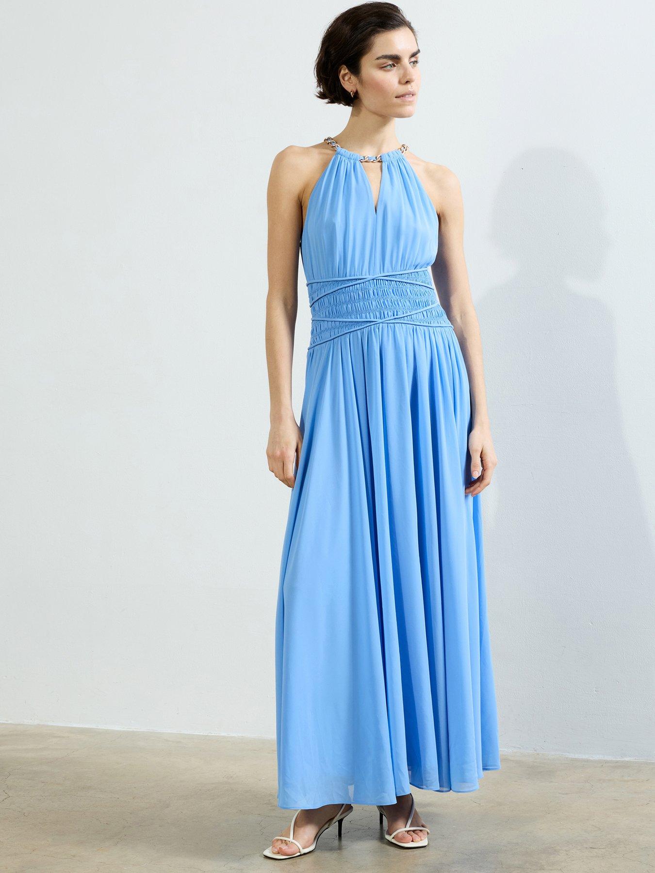 undefined Chain Halter Neck Chiffon Cross-over Ruched Maxi Dress