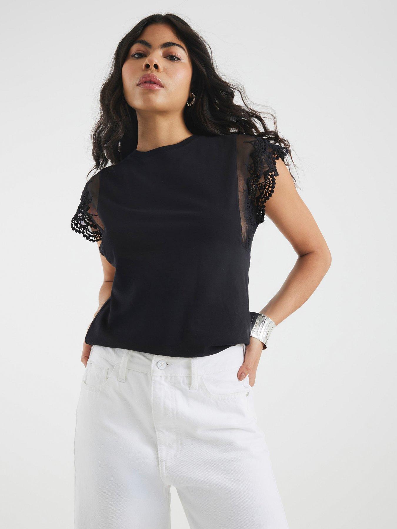 undefined Short Sleeve Lace Hybrid Sleeve Tee - Black