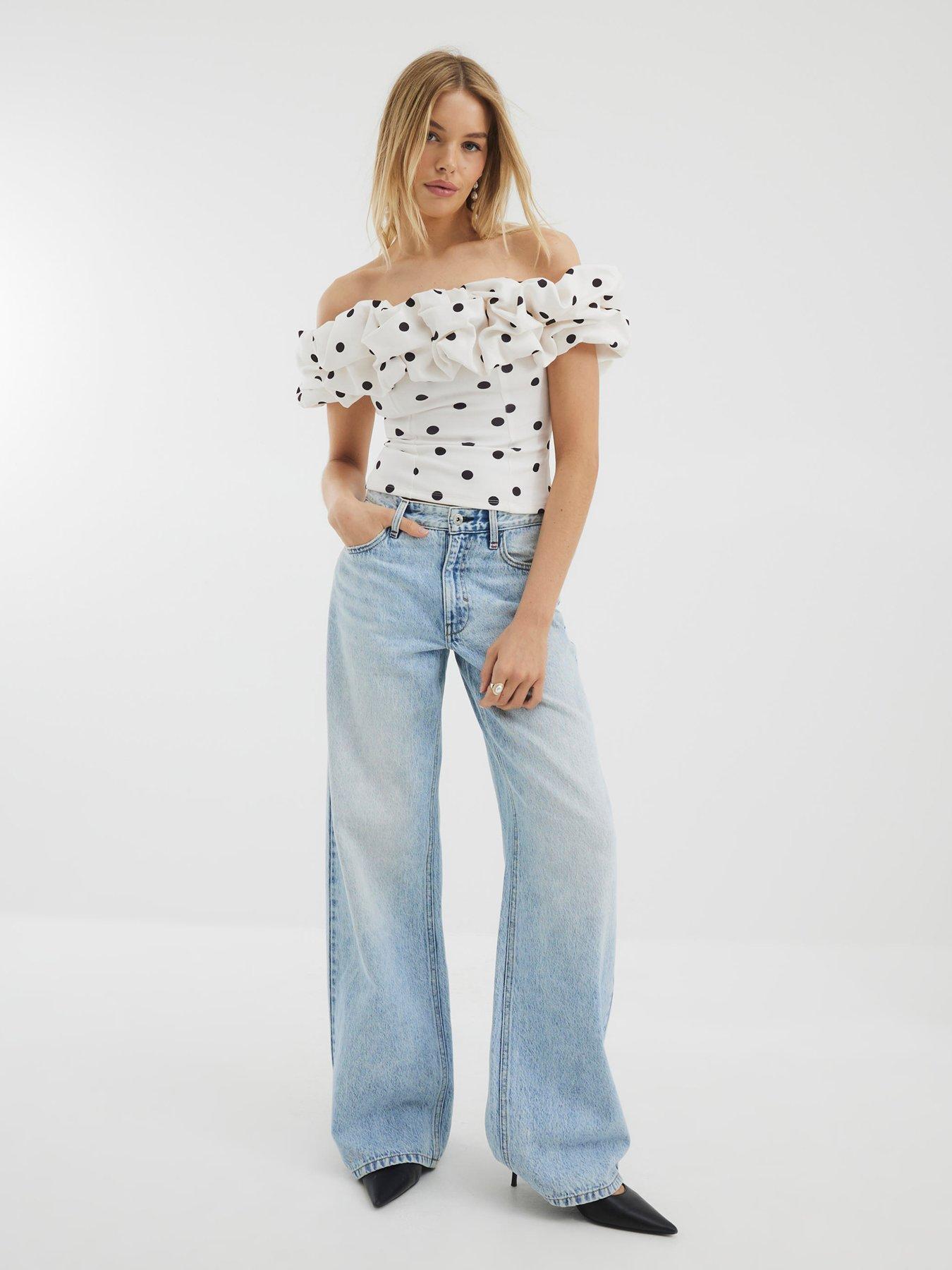 undefined Short Sleeve Ruffle Bardot Top - Cream