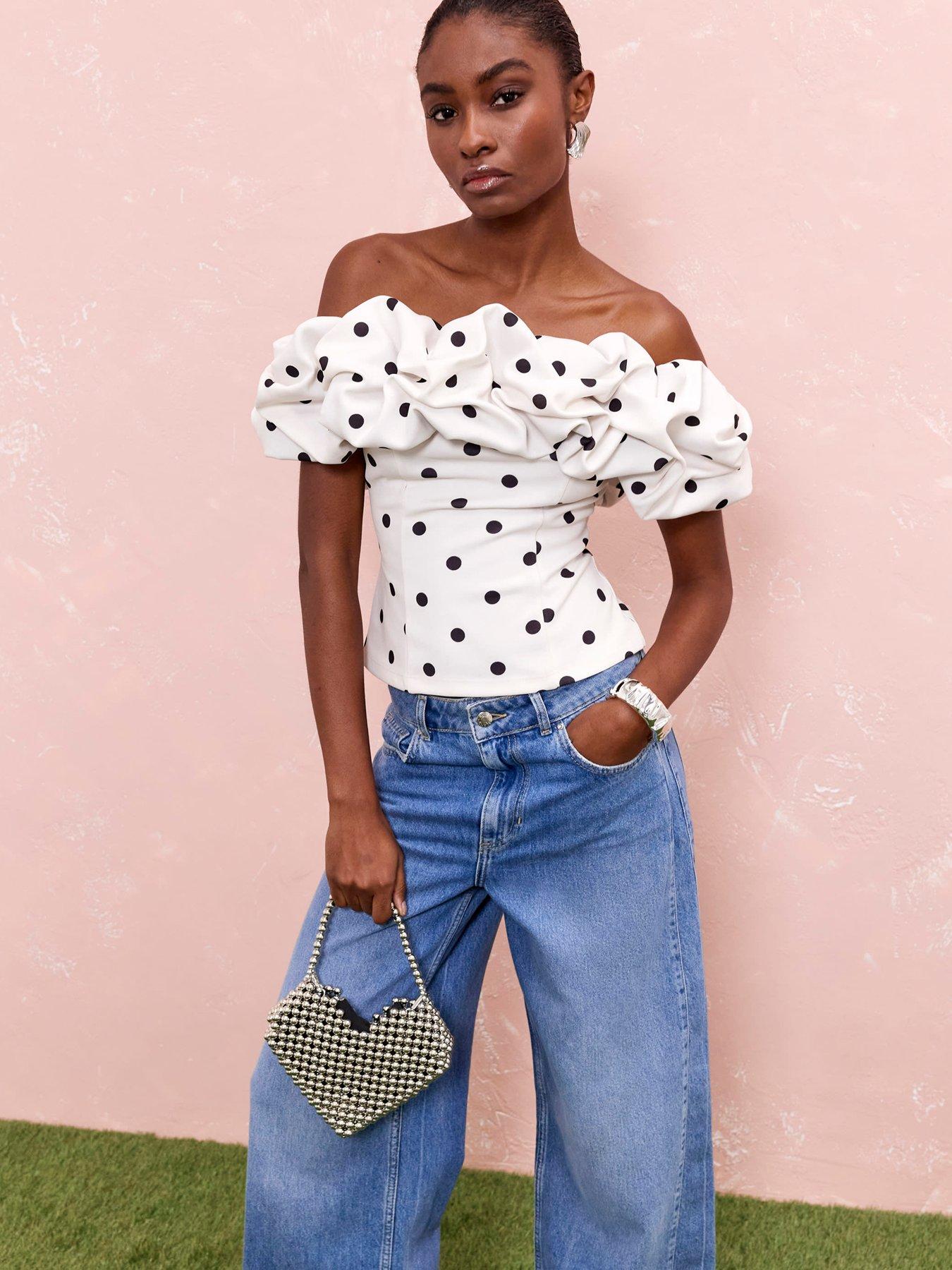 River Island Short Sleeve Ruffle Bardot Top Cream Very