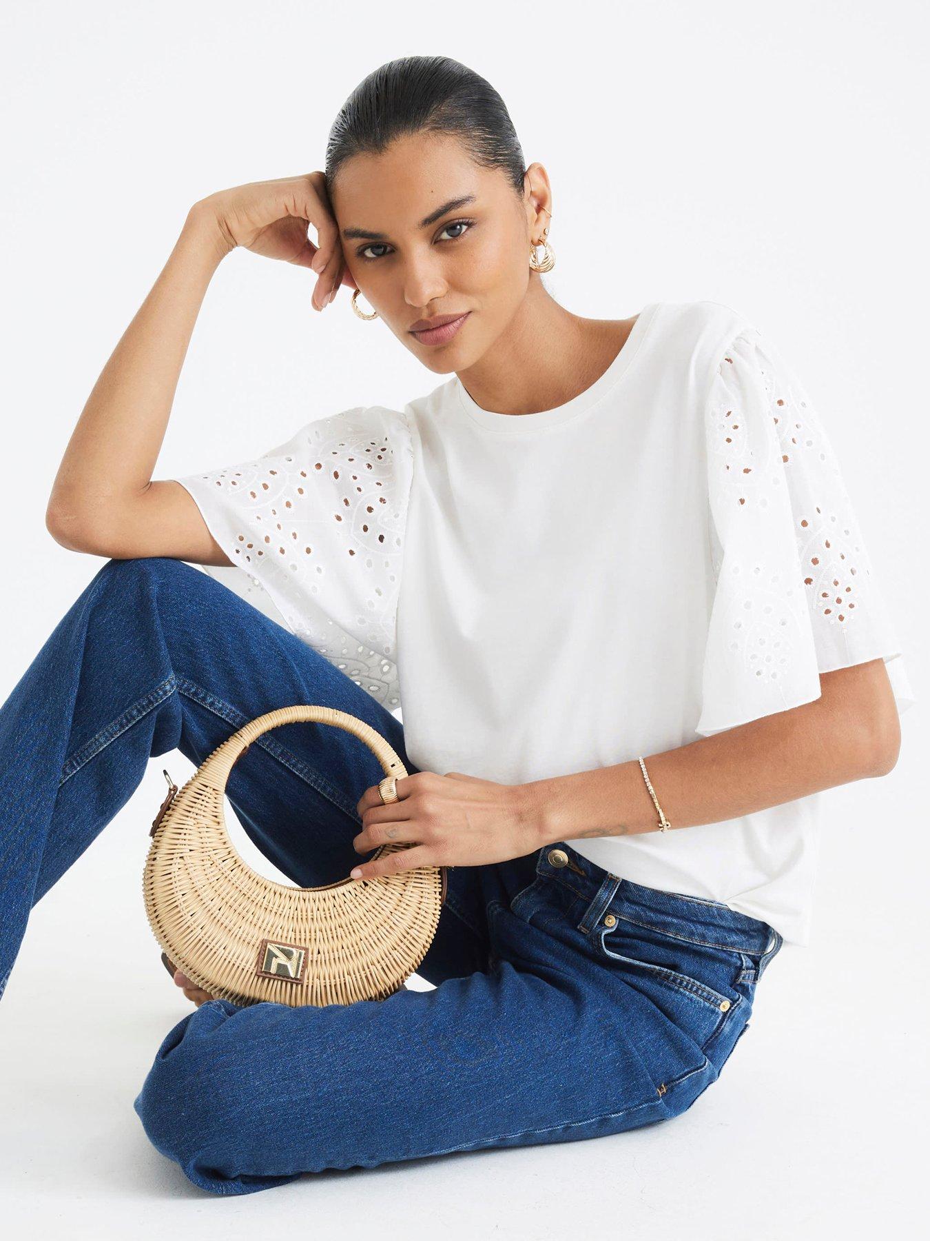 River Island: Short Sleeve Broderie Sleeve T-shirt - White