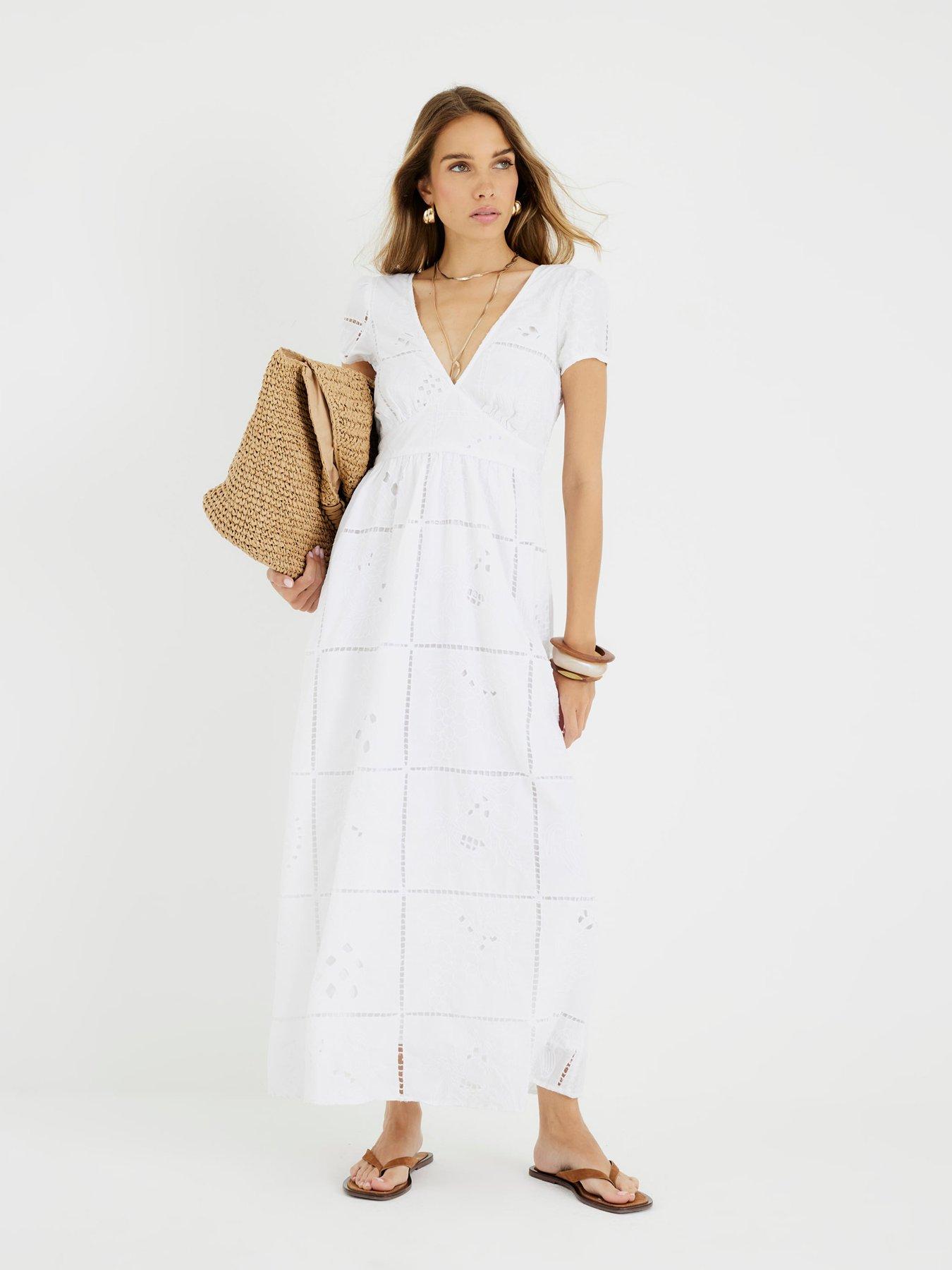 undefined Short Sleeve Cutwork Midi Dress - White