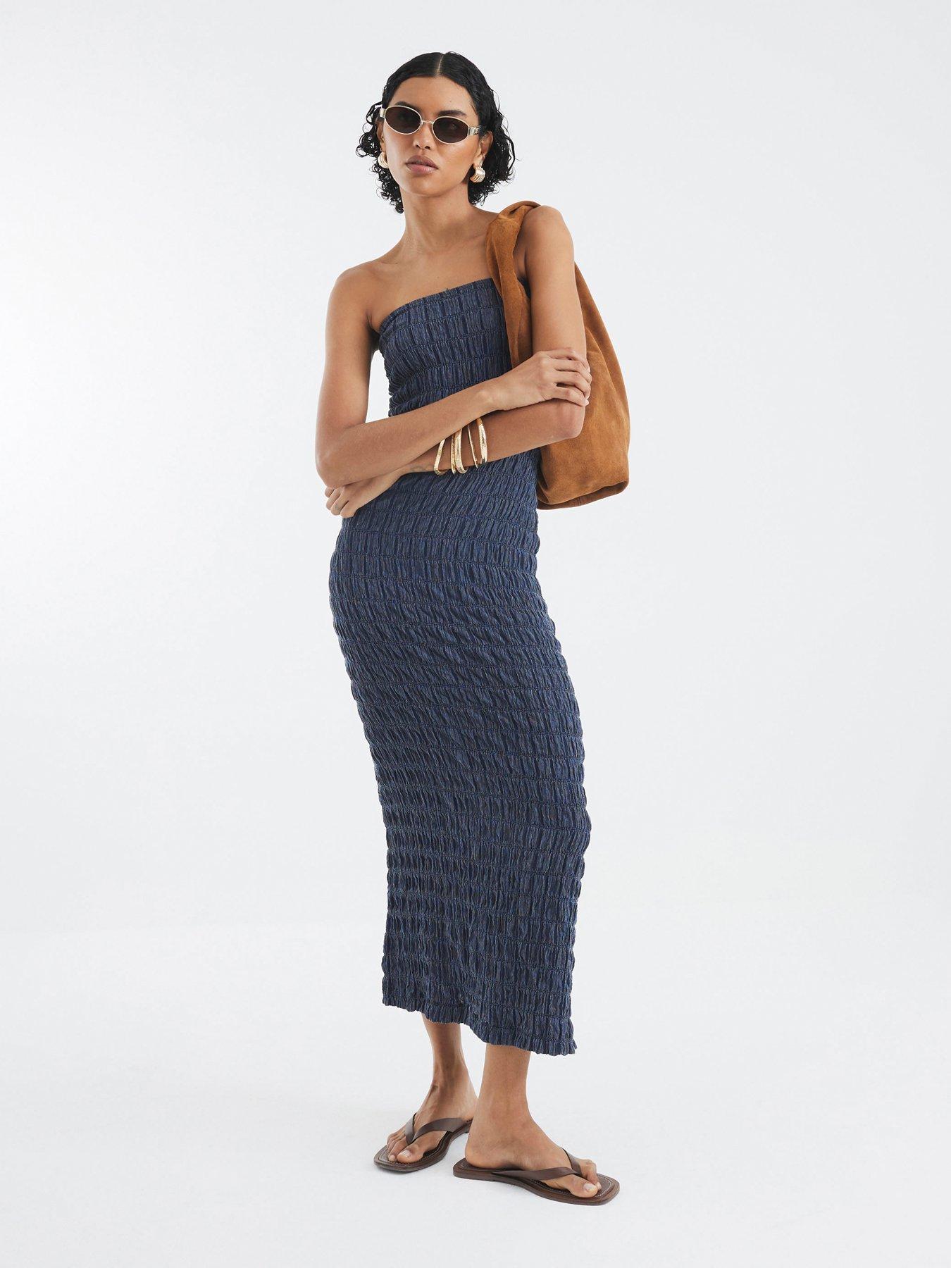 Image 1 of 4 of River Island Textured Bandeau Dress - Blue
