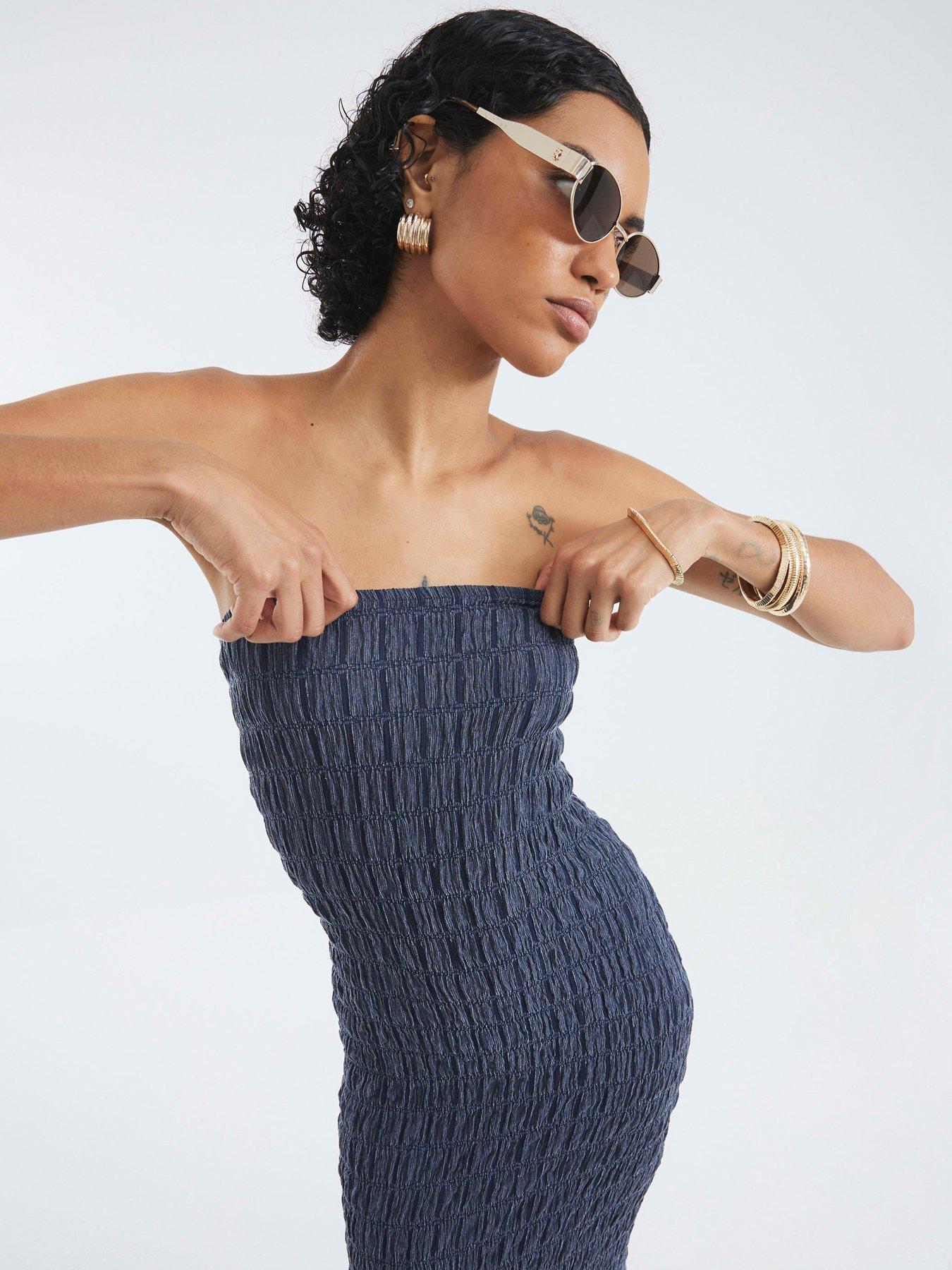 Image 4 of 4 of River Island Textured Bandeau Dress - Blue