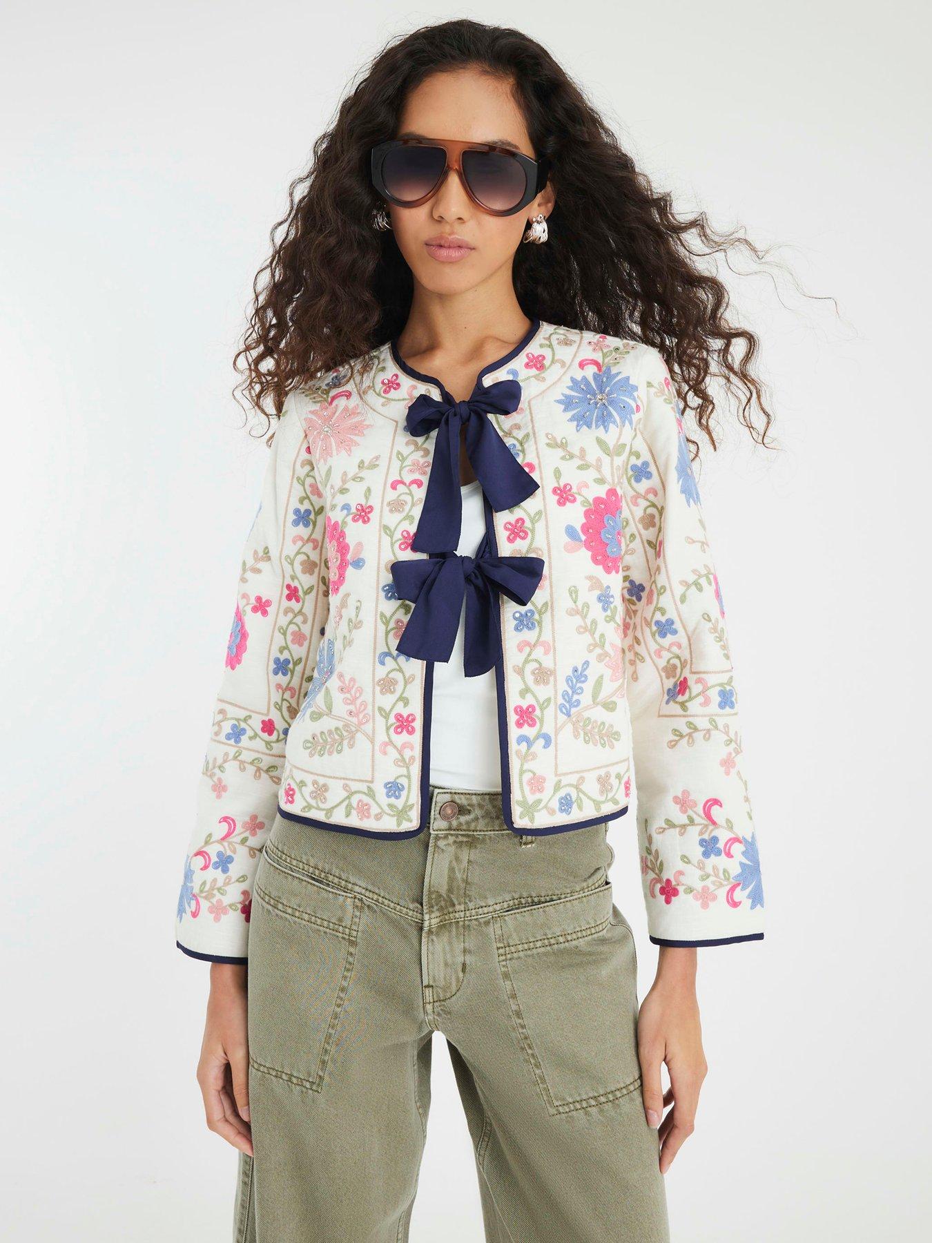 undefined Floral Embroidered Tie Front Jacket - Cream