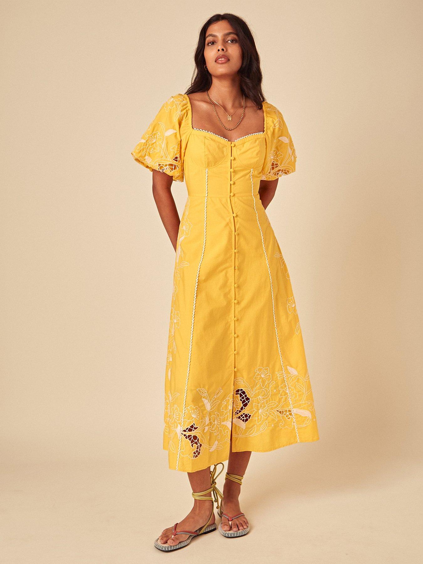 undefined Beatrix Midi Embroidered Dress - Yellow