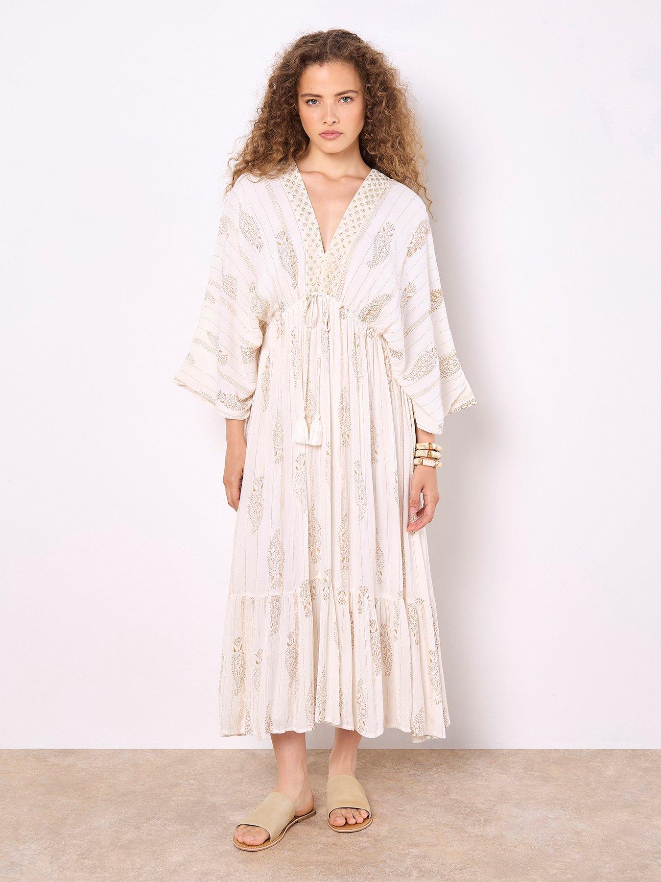 undefined Gold Print Tassel Tie Maxi Dress