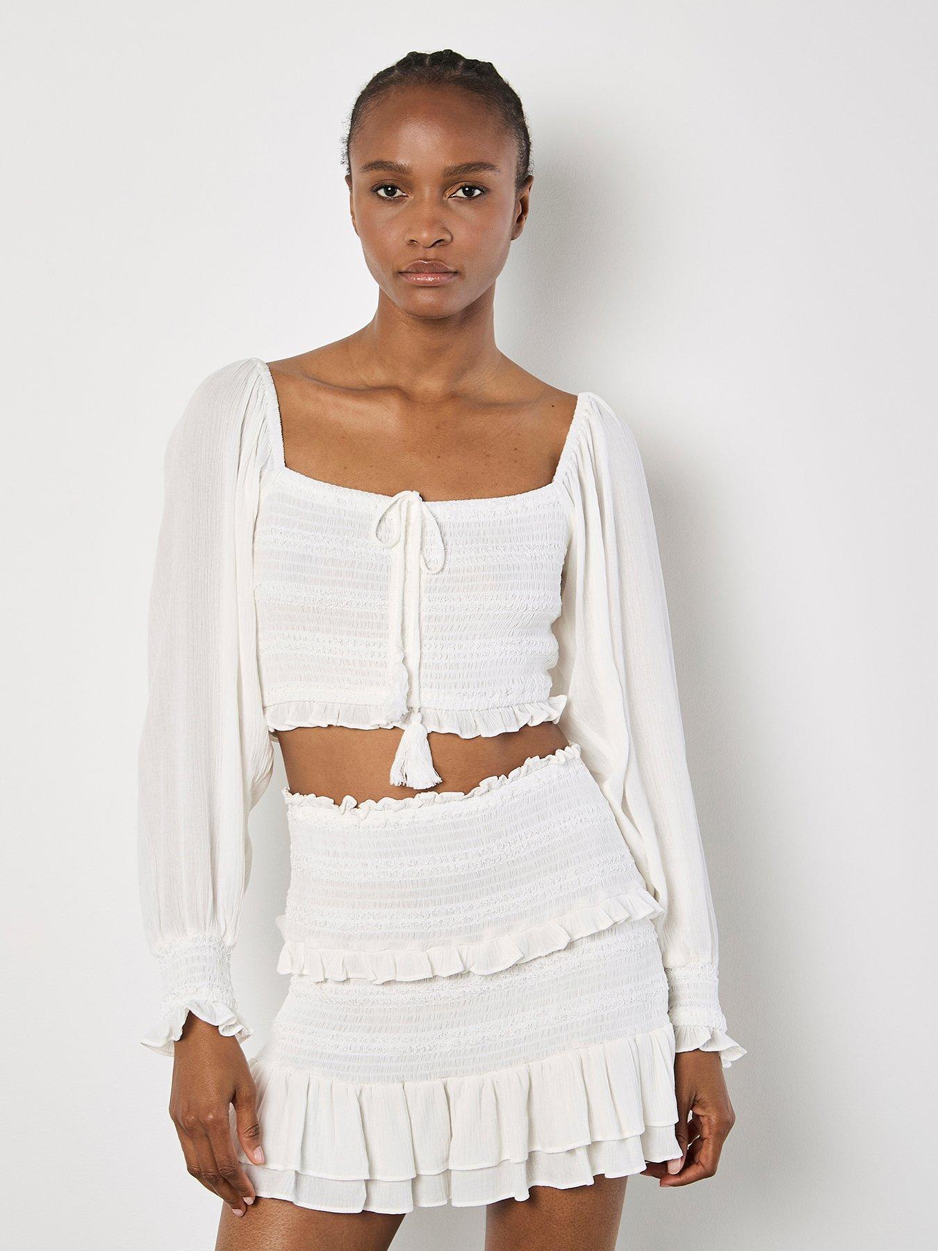 undefined Smocked Tassle Crop L/sleeve Top