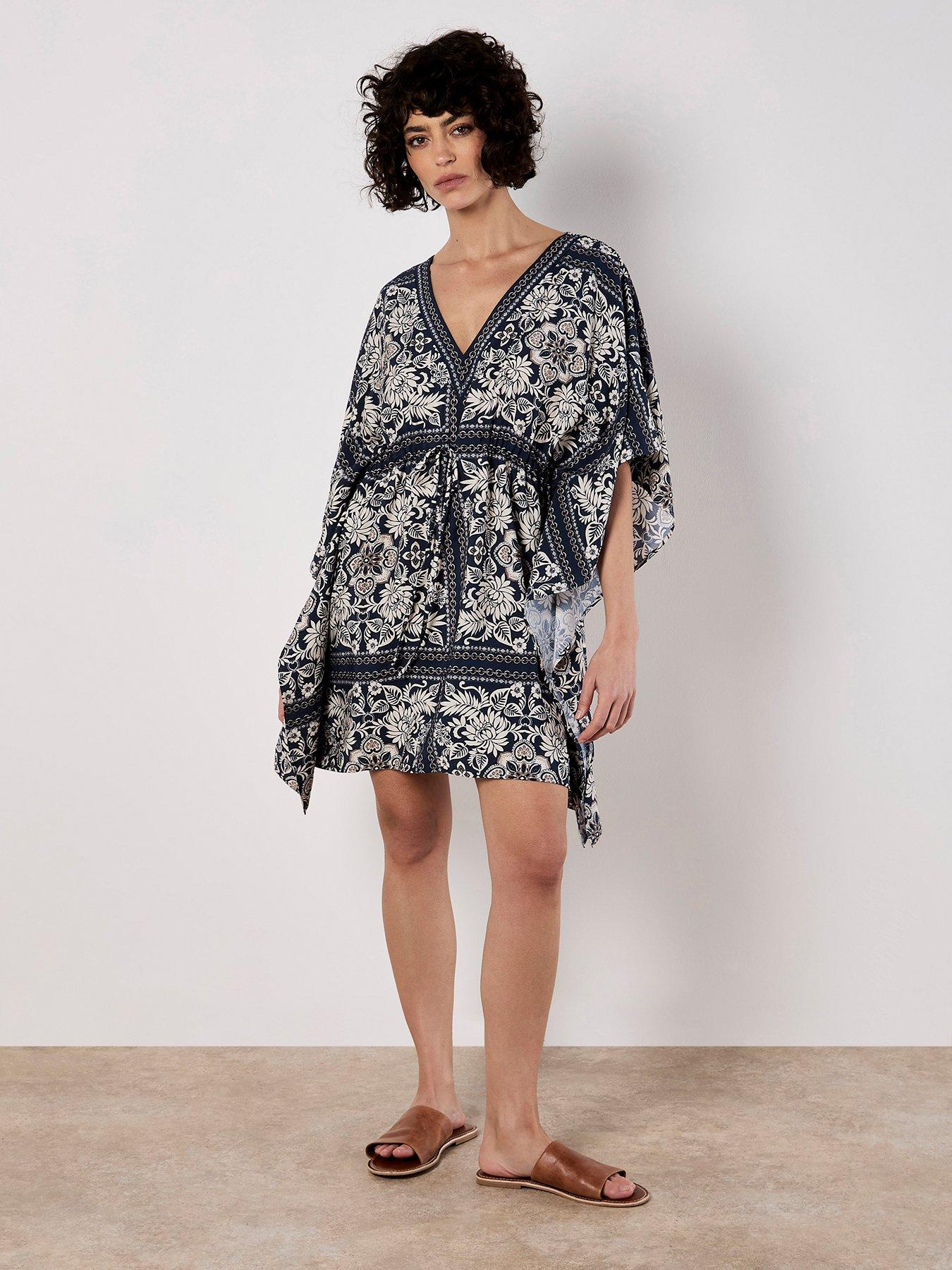 undefined Kimono Scarf Print Dress - Blue
