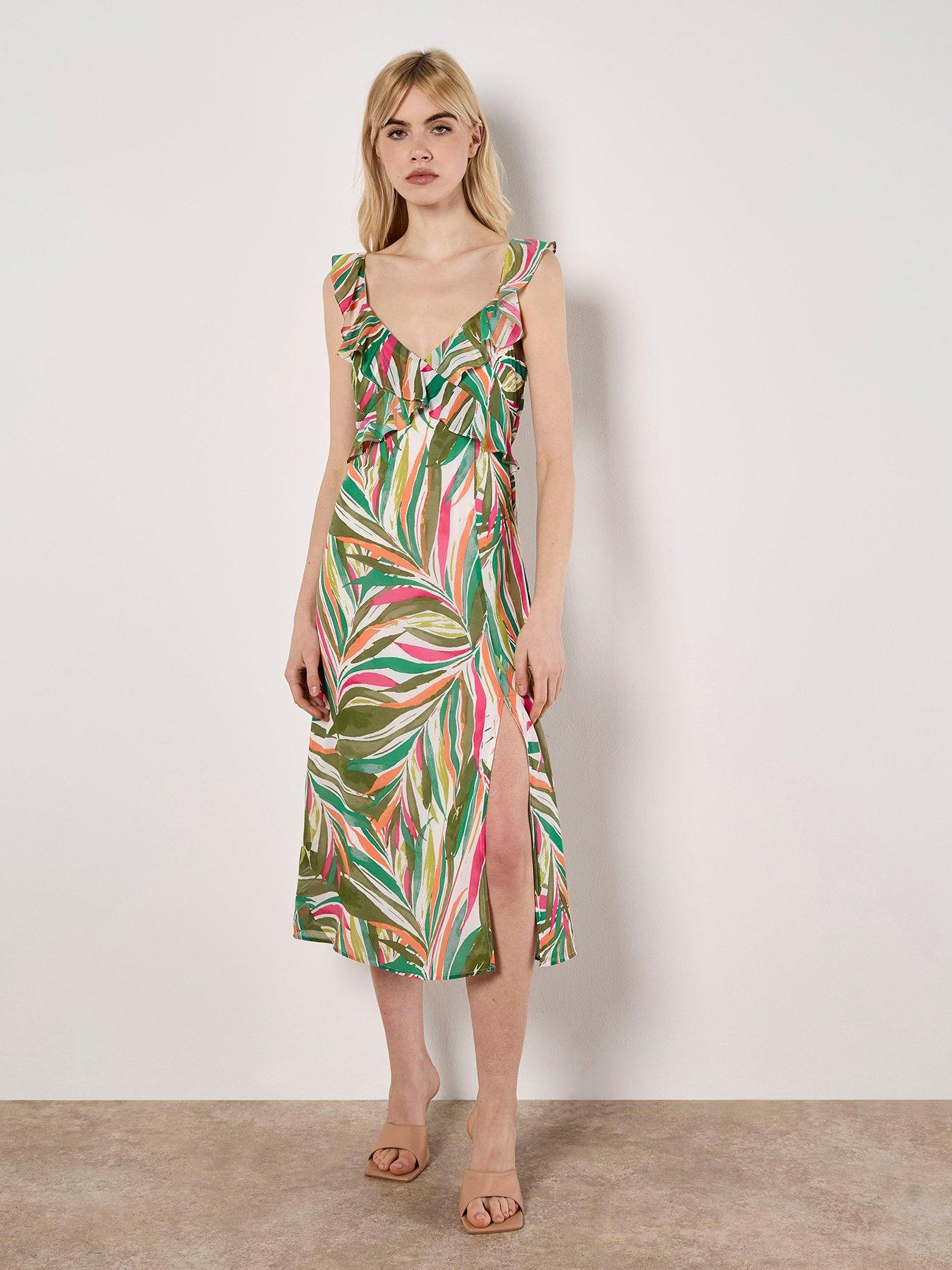 undefined Palm Print Ruffle Midi Dress - Green