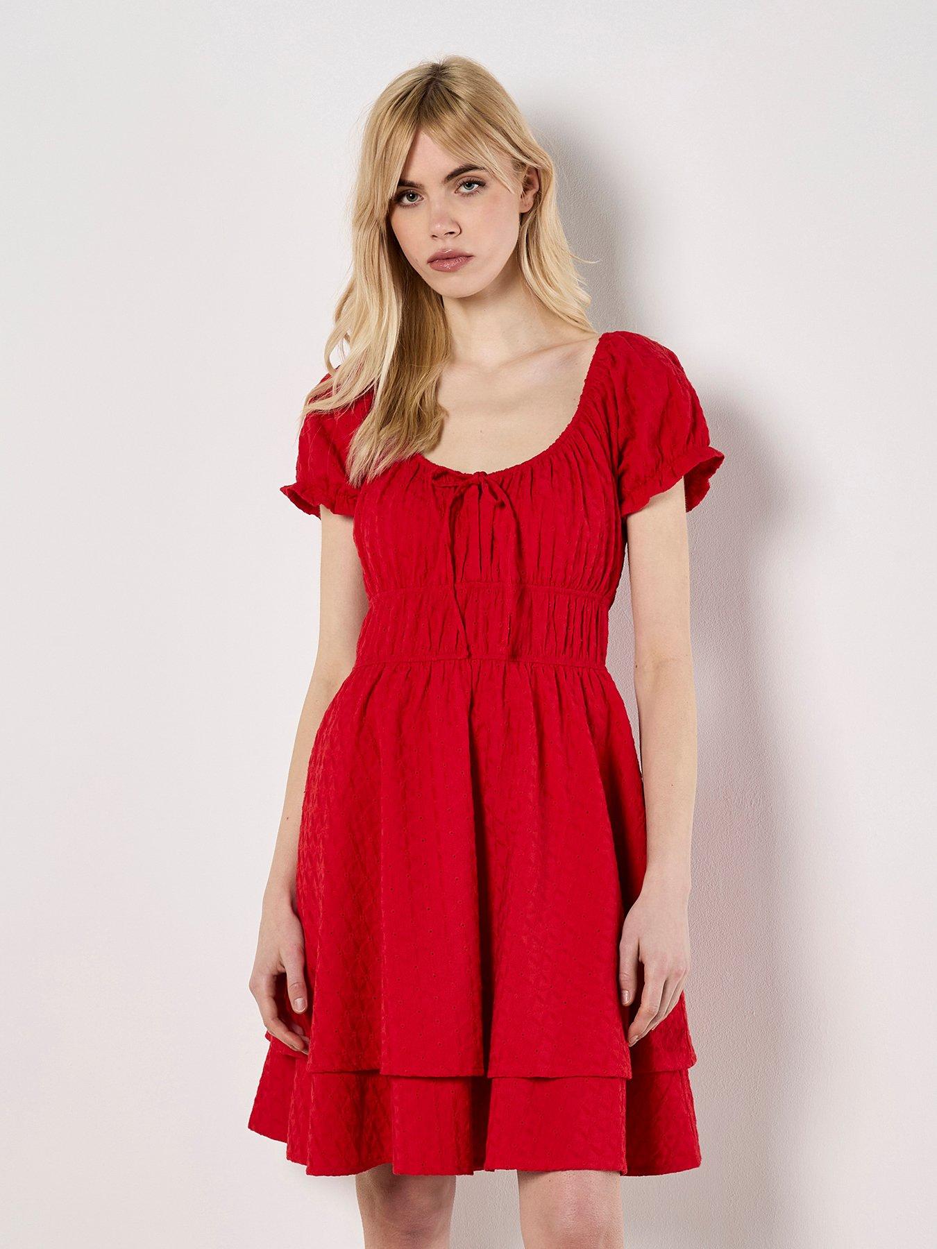 undefined Eyelet Embroidered Milkmaid Dress - Red